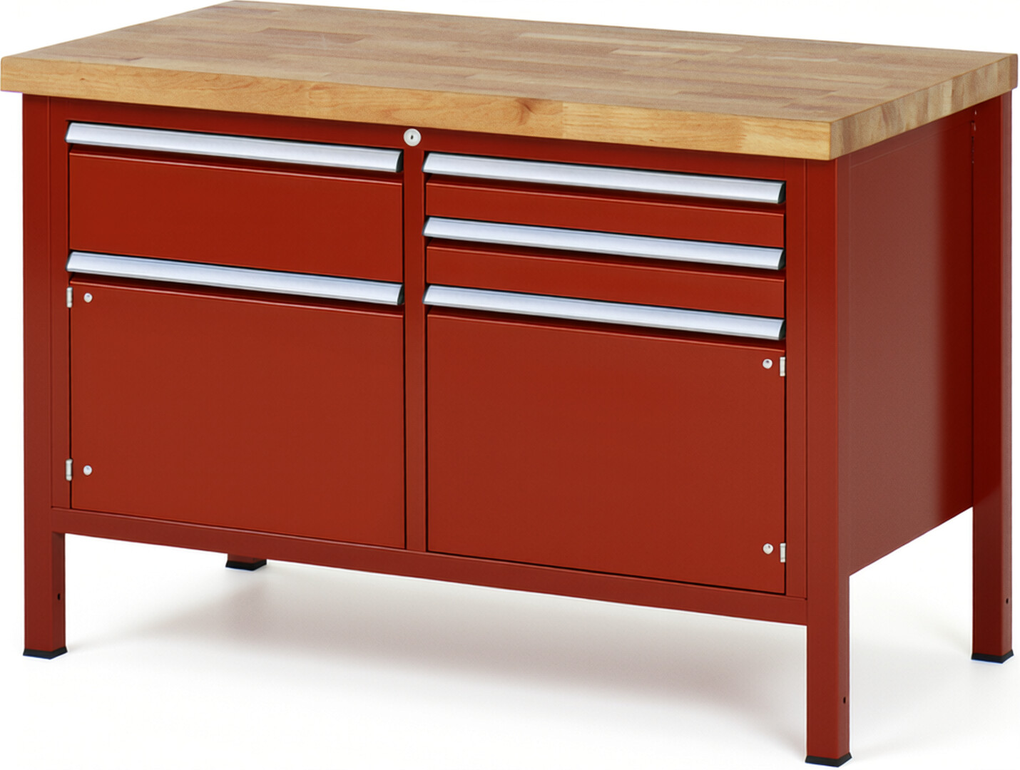 Werkbank Modell 8467 rot, BxTxH 1250x700x840 mm,  Buche-Massiv Arbeitsplatte 40 mm,  3 Schubladen mit  Vollauszug 100 % und  SoftClosing