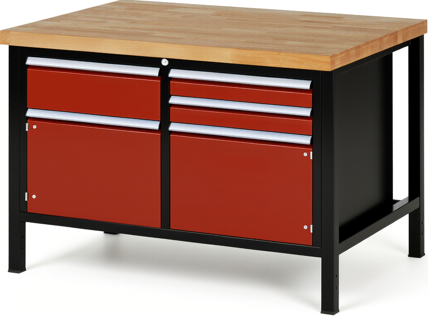 RAU Werkbank schwarz - rot - Breite 125 cm - Tiefe 90 cm - Höhe 84 cm - Buche-Massiv Arbeitsplatte 40 mm