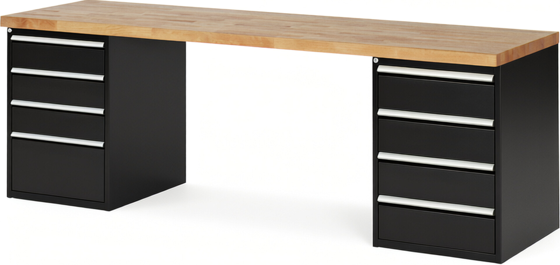 Werkbank Modell 7820 schwarz, BxTxH 2500x700x840 mm,  Buche-Massiv Arbeitsplatte 40 mm,  8 Schubladen mit  Auszug 90 %