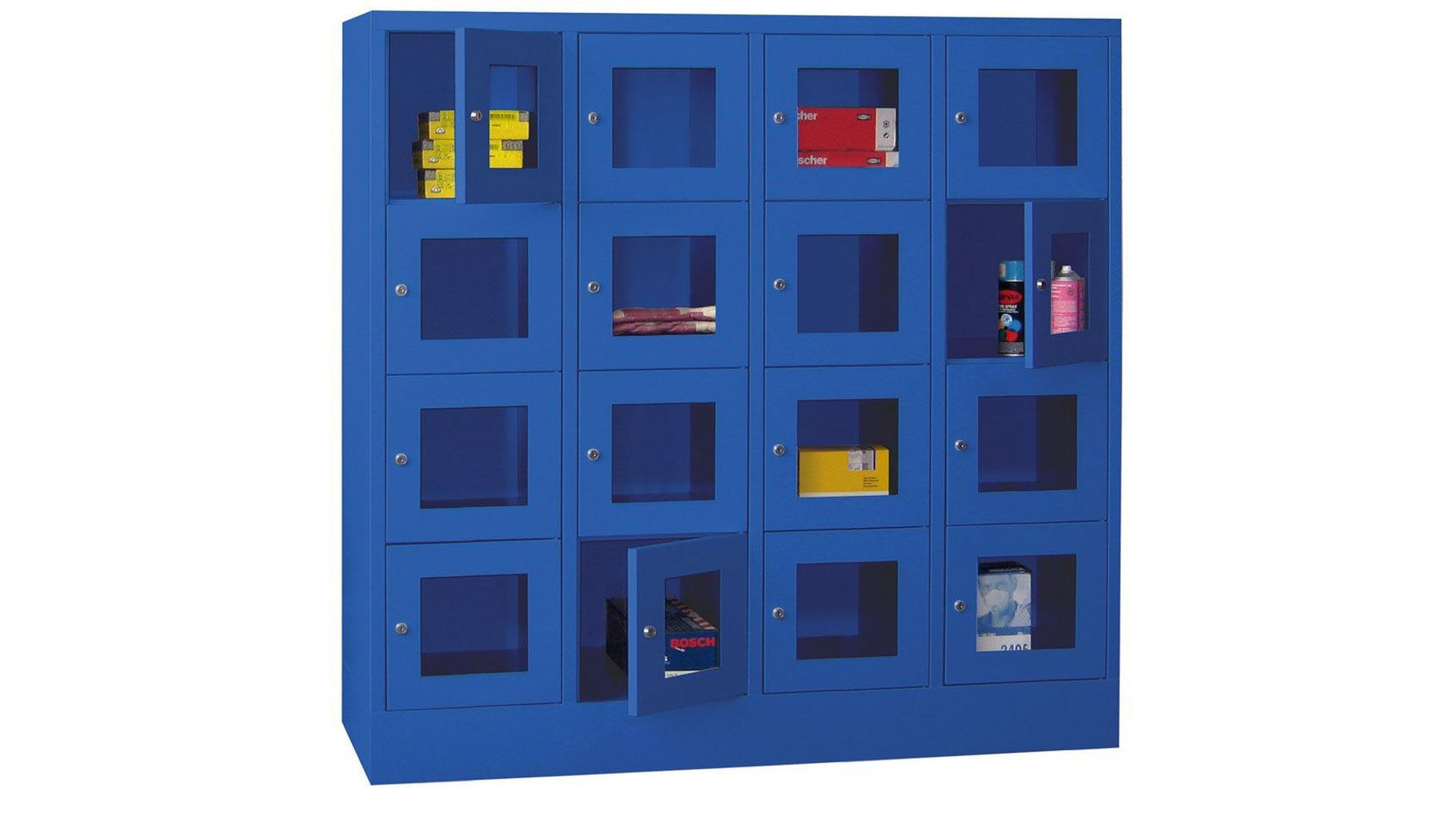 Fächerschränke mit Sichtfenstertüren, Breite 160 cm, Höhe 151,8 cm, Tiefe 50 cm, 4x4 Fächer