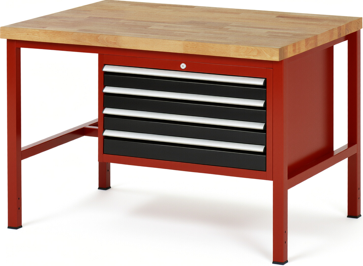 Werkbank Modell 8233 rot - schwarz, BxTxH 1250x900x840-1040 mm,  Buche-Massiv Arbeitsplatte 40 mm,  4 Schubladen mit  Vollauszug 100 % und  SoftClosing