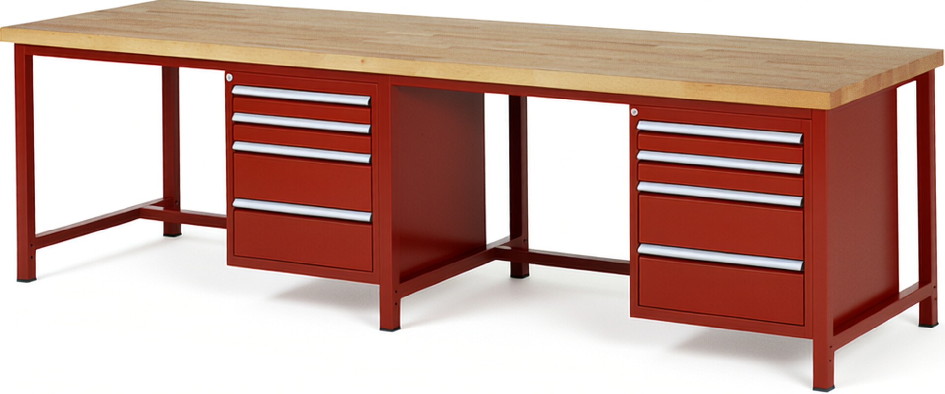 Werkbank Modell 8161 rot, BxTxH 3000x900x840 mm,  Buche-Massiv Arbeitsplatte 40 mm,  8 Schubladen mit  Vollauszug 100 % und  SoftClosing