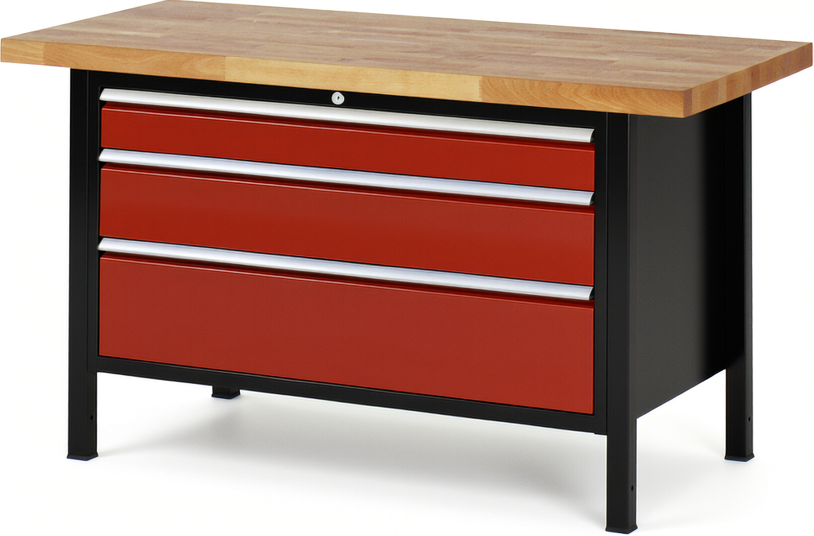 RAU Werkbank schwarz - rot - Breite 150 cm - Tiefe 70 cm - Höhe 104 cm - Buche-Massiv Arbeitsplatte 40 mm