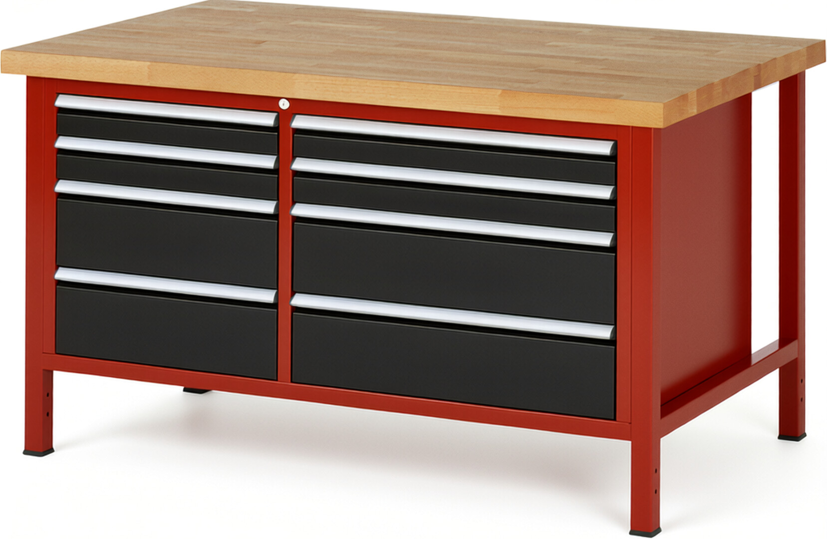Werkbank Modell 8654 rot - schwarz, BxTxH 1500x900x840-1040 mm,  Buche-Massiv Arbeitsplatte 40 mm,  8 Schubladen mit  Vollauszug 100 % und  SoftClosing