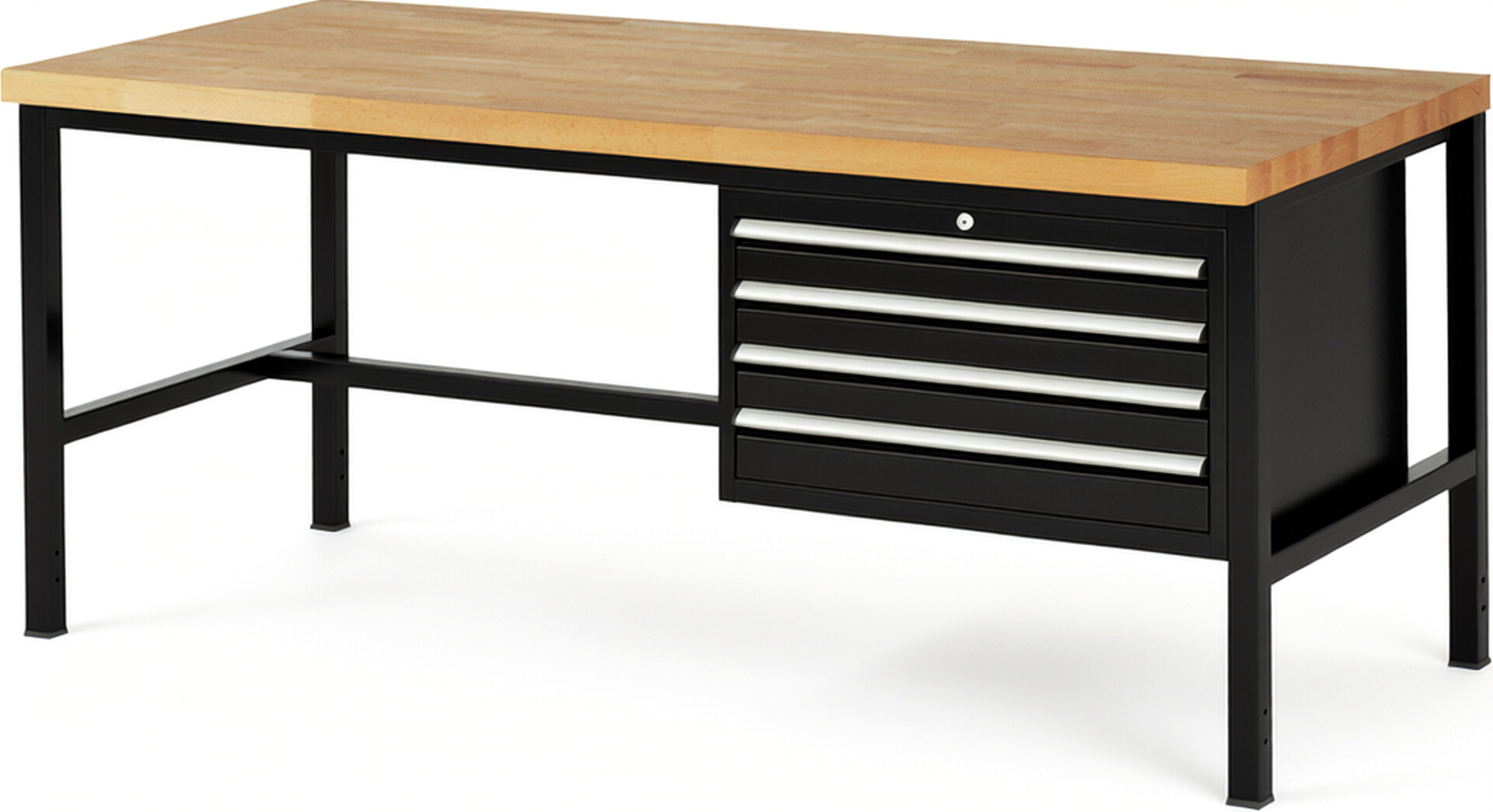 Werkbank Modell 8233 schwarz, BxTxH 2000x900x840 mm,  Buche-Massiv Arbeitsplatte 40 mm,  4 Schubladen mit  Auszug 90 %