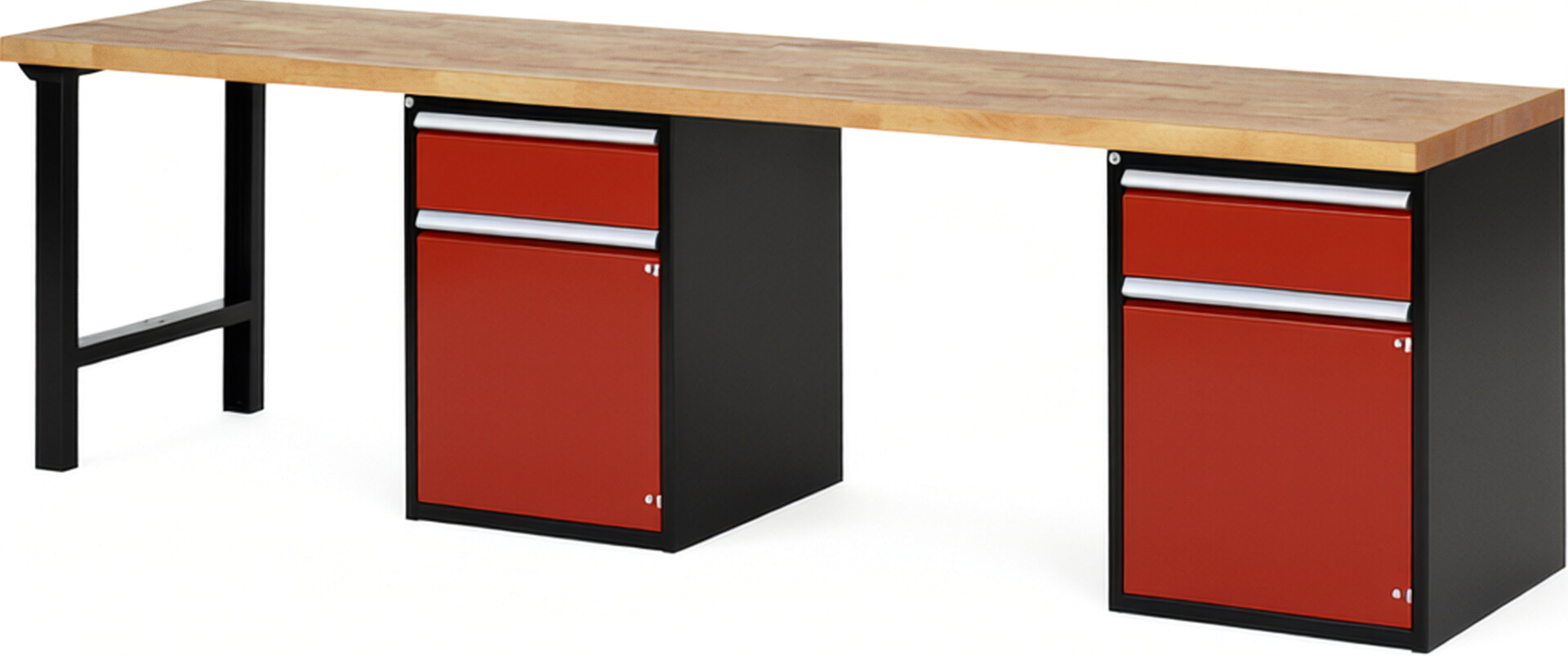 RAU Werkbank schwarz - rot - Breite 300 cm - Tiefe 70 cm - Höhe 89 cm - Buche-Massiv Arbeitsplatte 40 mm