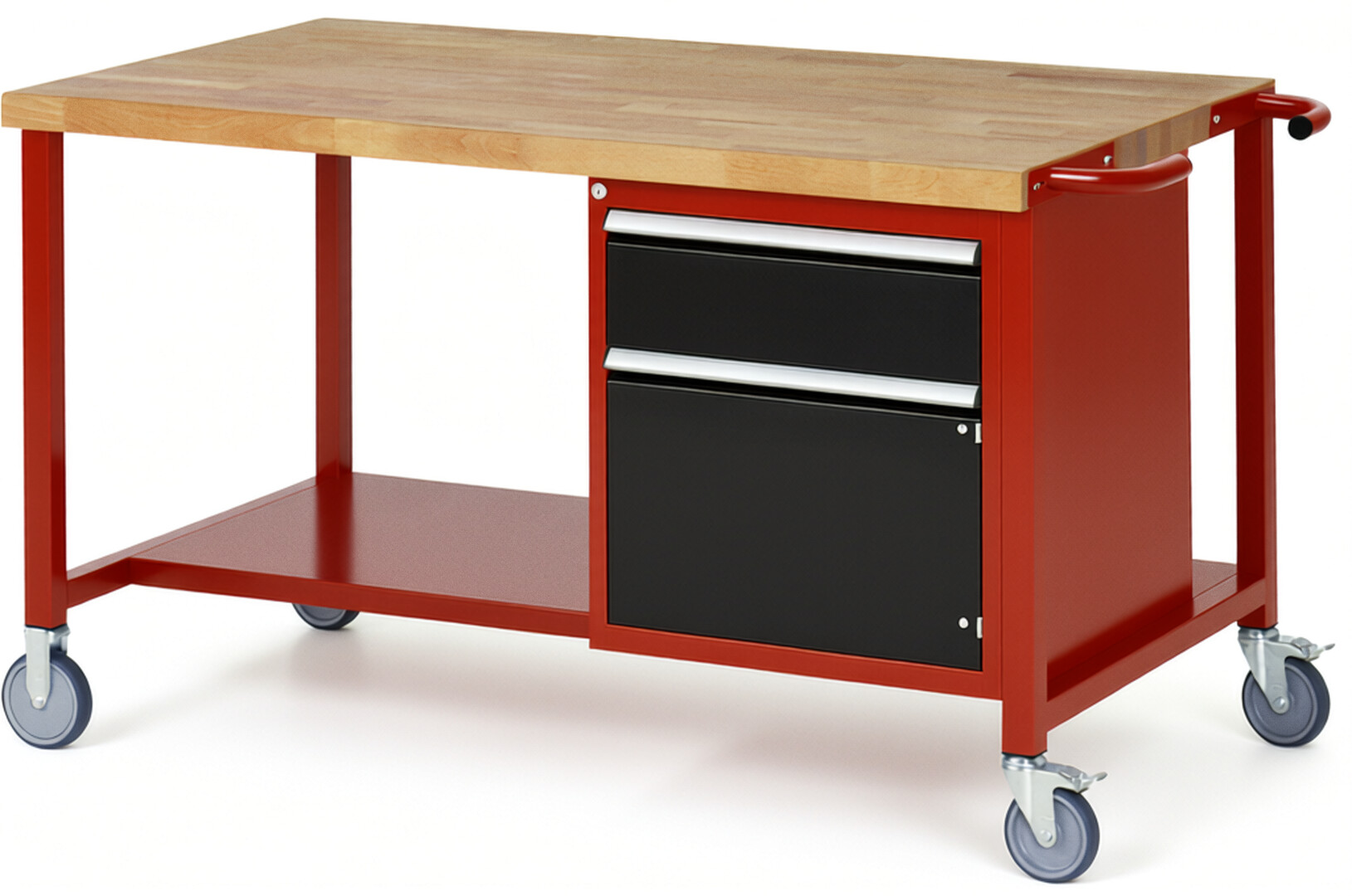 Fahrbare Werkbank Modell 8152 rot - schwarz, BxTxH 1500x900x880 mm,  Buche-Massiv Arbeitsplatte 40 mm,  1 Schublade mit  Vollauszug 100 % und  SoftClosing
