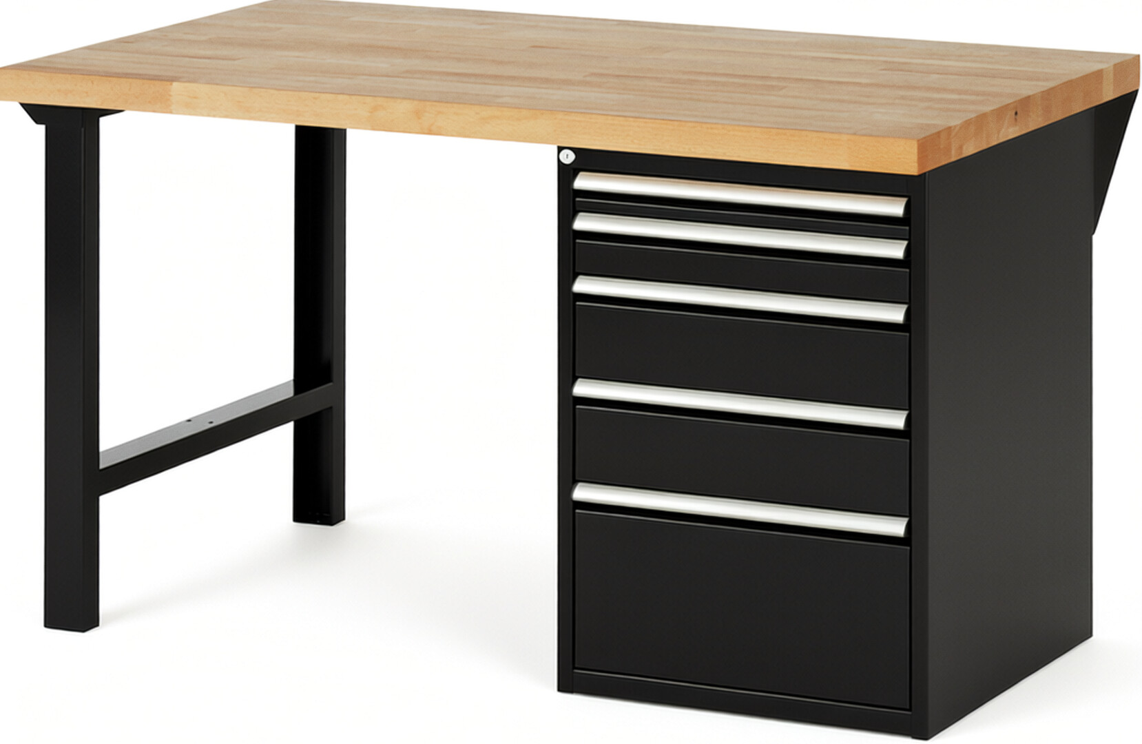 Werkbank Modell 7511 schwarz, BxTxH 1500x900x890 mm,  Buche-Massiv Arbeitsplatte 40 mm,  5 Schubladen mit  Auszug 90 %