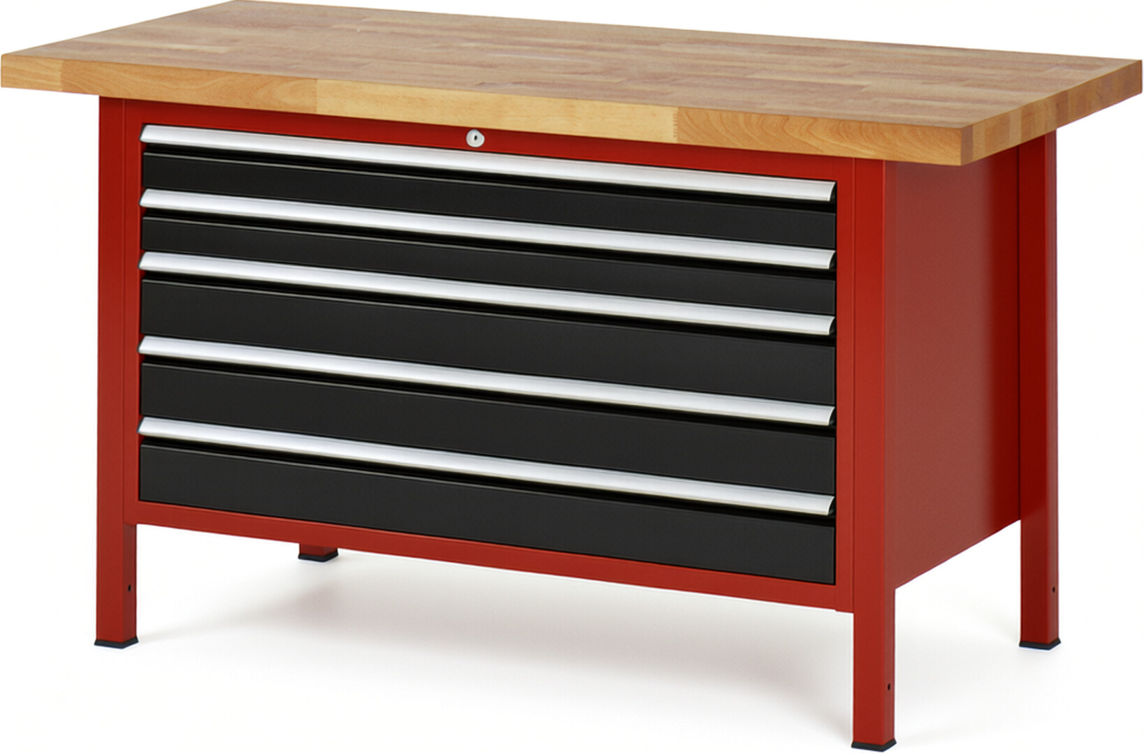 Werkbank Modell 8371 rot - schwarz, BxTxH 1500x700x840-1040 mm,  Buche-Massiv Arbeitsplatte 40 mm,  5 Schubladen mit  Auszug 90 %