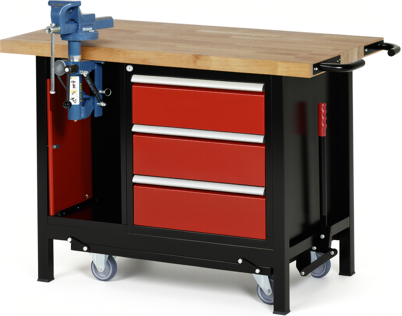 RAU Werkbank schwarz - rot - Breite 125 cm - Tiefe 70 cm - Höhe 88 cm - Buche-Massiv Arbeitsplatte 40 mm