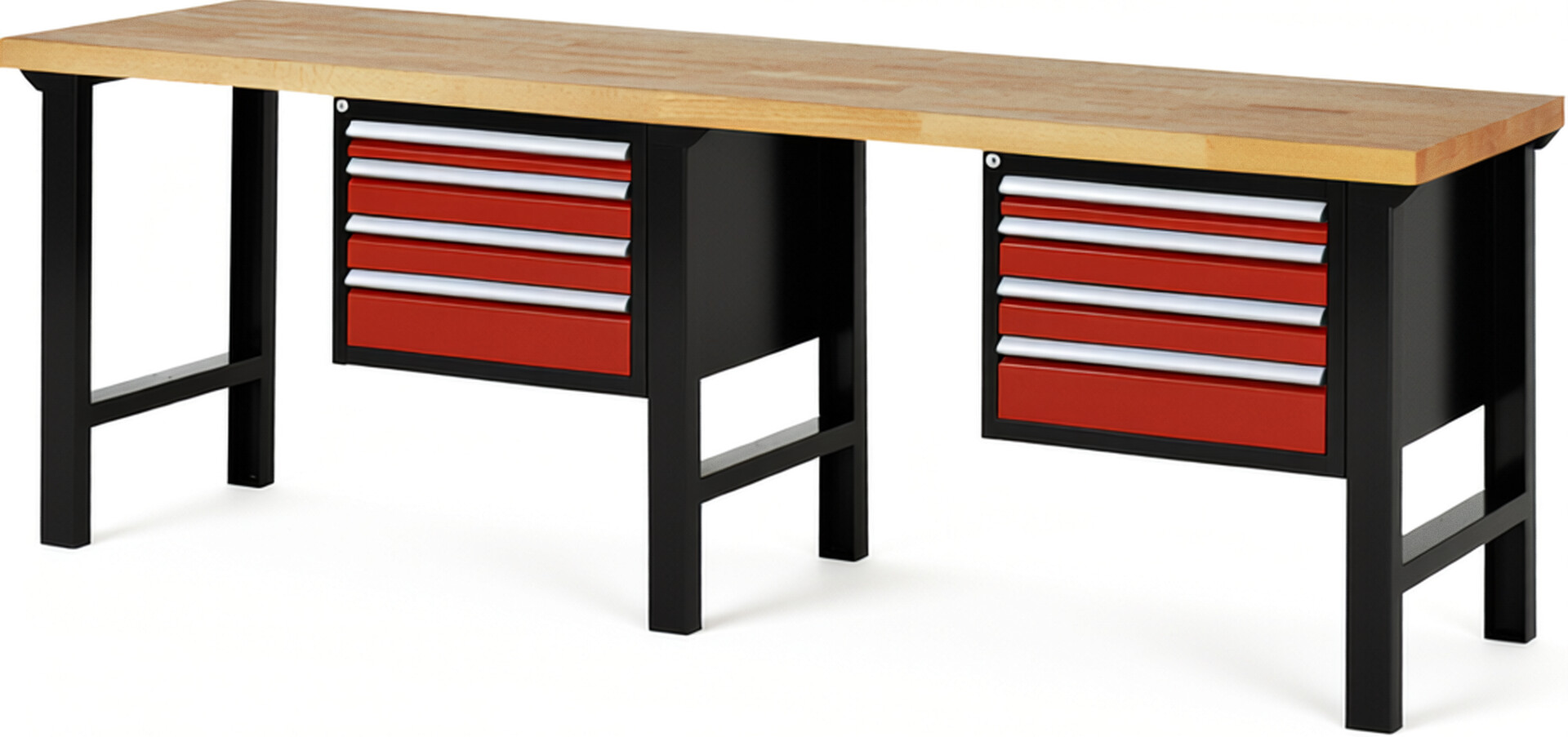 RAU Werkbank schwarz - rot - Breite 250 cm - Tiefe 70 cm - Höhe 84 cm - Buche-Massiv Arbeitsplatte 40 mm
