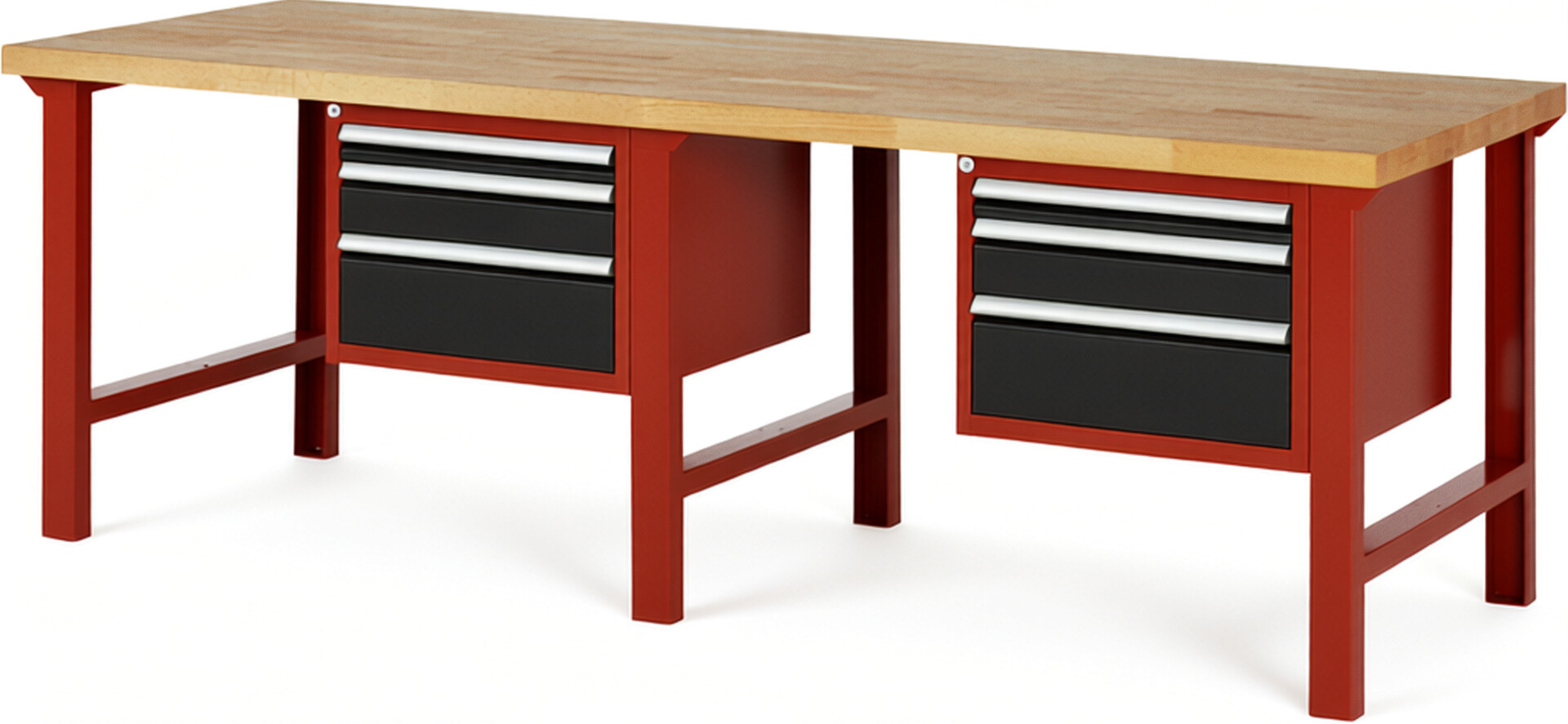 Werkbank Modell 7126 rot - schwarz, BxTxH 2500x900x840 mm,  Buche-Massiv Arbeitsplatte 40 mm,  6 Schubladen mit  Auszug 90 %