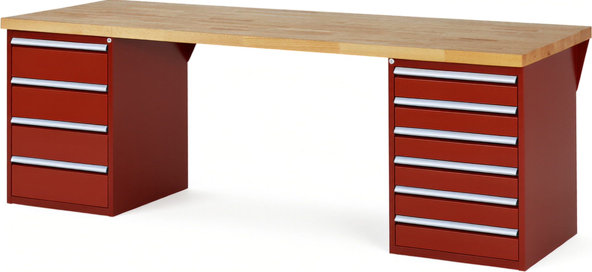 Werkbank Modell 7821 rot, BxTxH 2500x900x890 mm,  Buche-Massiv Arbeitsplatte 40 mm,  10 Schubladen mit  Auszug 90 %