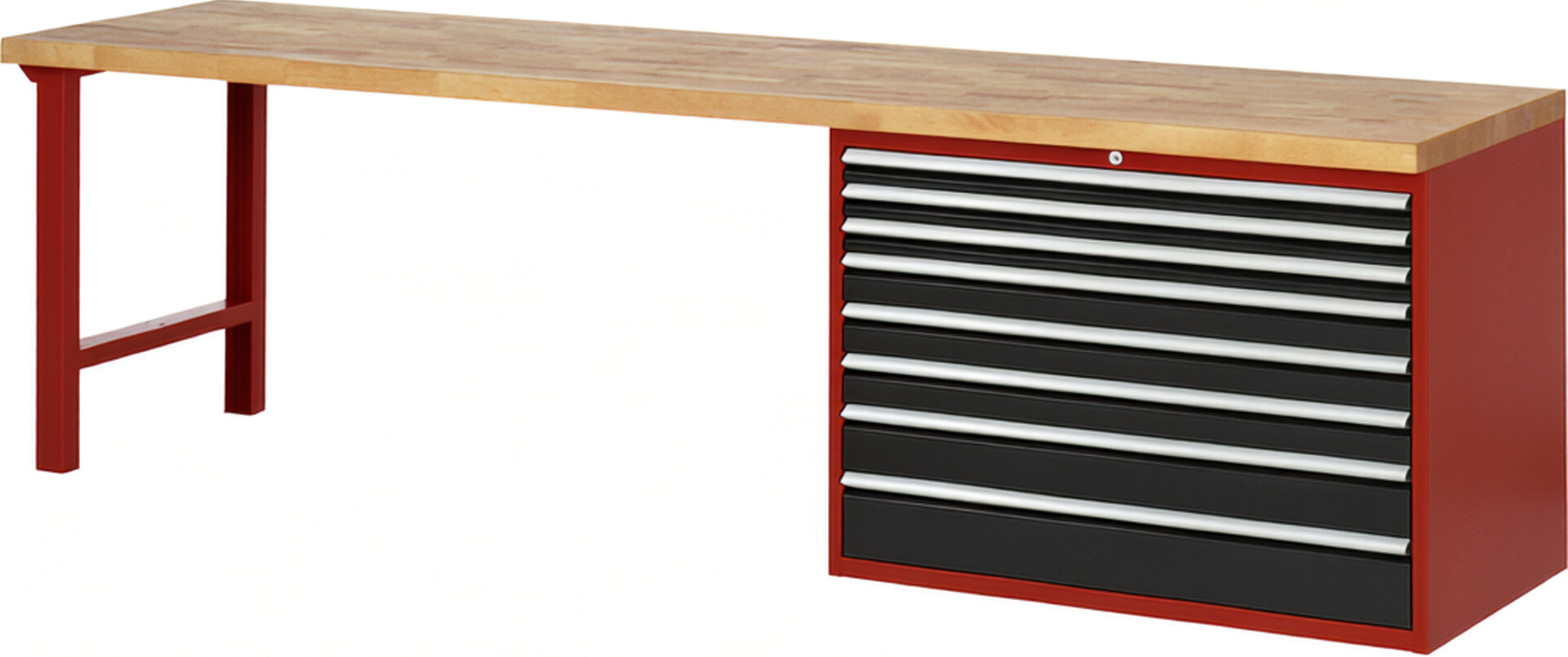 Werkbank Modell 7719 rot - schwarz, BxTxH 3000x700x890 mm,  Buche-Massiv Arbeitsplatte 40 mm,  8 Schubladen mit  Auszug 90 %