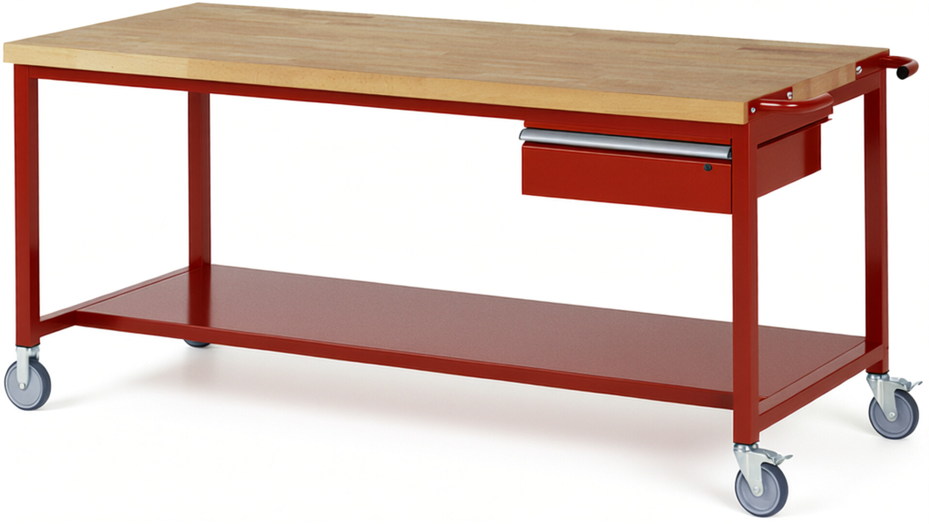 Fahrbare Werkbank Modell 8001 rot, BxTxH 2000x900x880 mm,  Buche-Massiv Arbeitsplatte 40 mm,  1 Schublade mit  Auszug 90 %