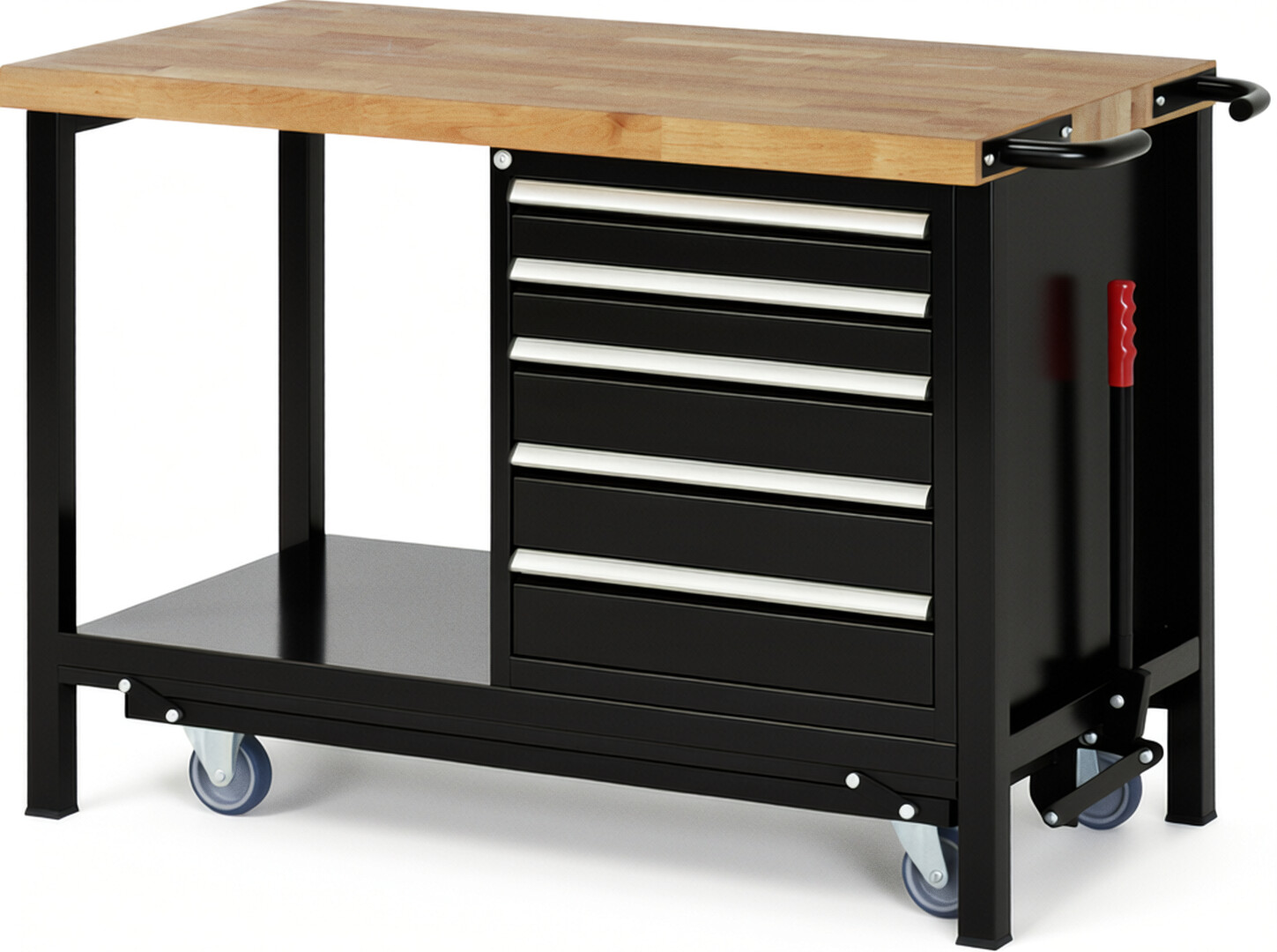 Absenkbare Werkbank Modell 8171 schwarz, BxTxH 1250x700x880 mm,  Buche-Massiv Arbeitsplatte 40 mm,  5 Schubladen mit  Vollauszug 100 % und  SoftClosing