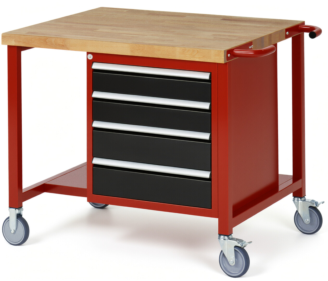 Fahrbare Werkbank Modell 8162 rot - schwarz, BxTxH 1000x900x880-1080 mm,  Buche-Massiv Arbeitsplatte 40 mm,  4 Schubladen mit  Auszug 90 %