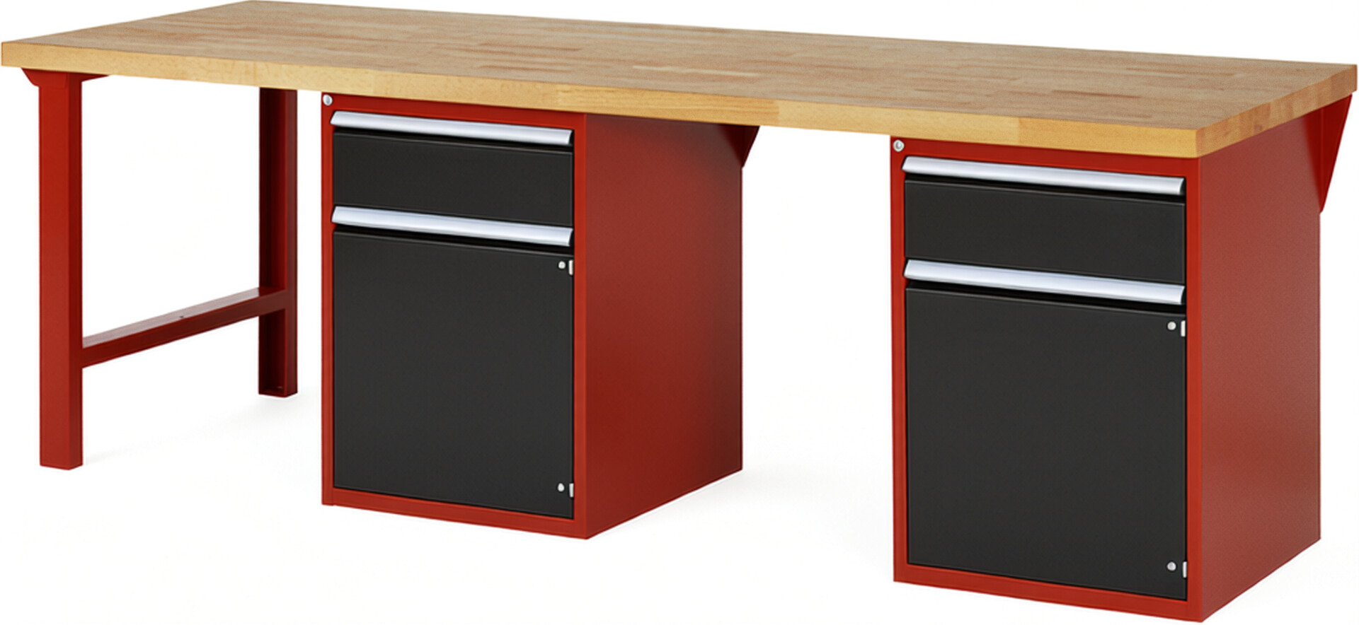 Werkbank Modell 7502 rot - schwarz, BxTxH 2500x900x890 mm,  Buche-Massiv Arbeitsplatte 40 mm,  2 Schubladen mit  Auszug 90 %
