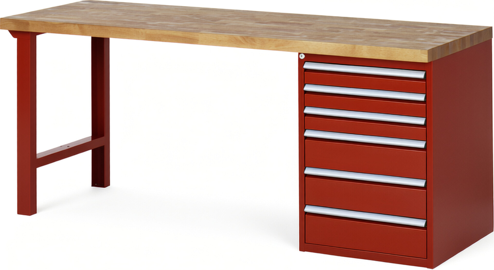 Werkbank Modell 7515 rot, BxTxH 2000x700x890 mm,  Buche-Massiv Arbeitsplatte 40 mm,  6 Schubladen mit  Auszug 90 %