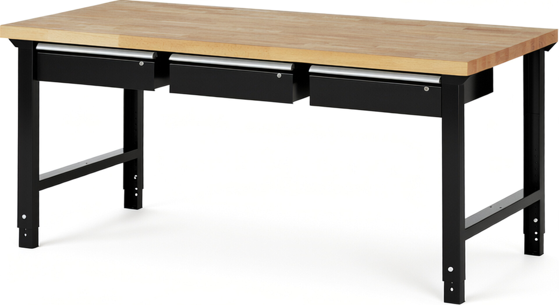 Werkbank Modell 7003 schwarz, BxTxH 2000x900x790-1140 mm,  Buche-Massiv Arbeitsplatte 40 mm,  3 Schubladen mit  Auszug 90 %