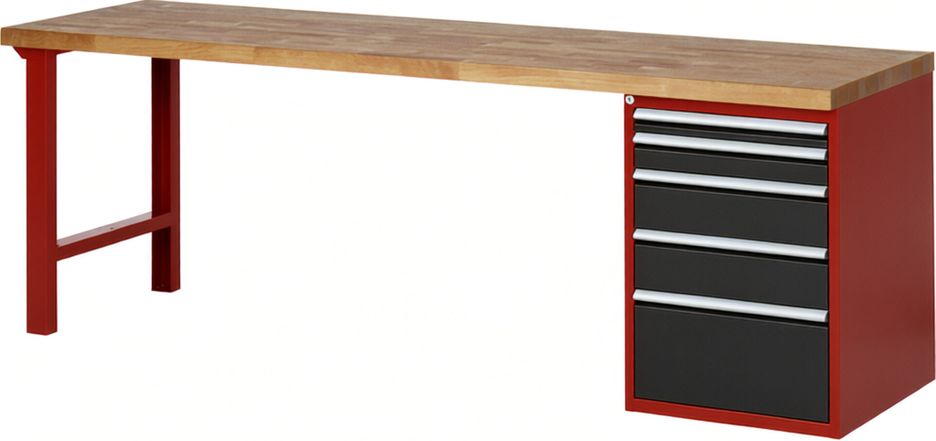 Werkbank Modell 7511 rot - schwarz, BxTxH 2500x700x890 mm,  Buche-Massiv Arbeitsplatte 40 mm,  5 Schubladen mit  Auszug 90 %