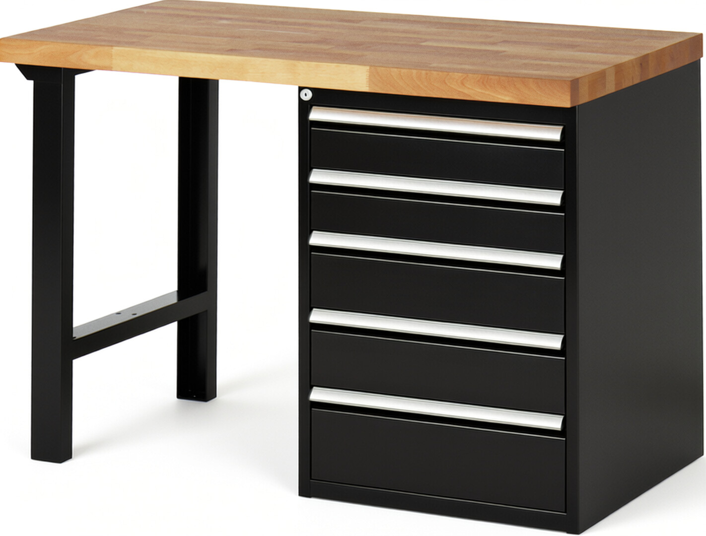 Werkbank Modell 7513 schwarz, BxTxH 1250x700x840 mm,  Buche-Massiv Arbeitsplatte 40 mm,  5 Schubladen mit  Vollauszug 100 % und  SoftClosing
