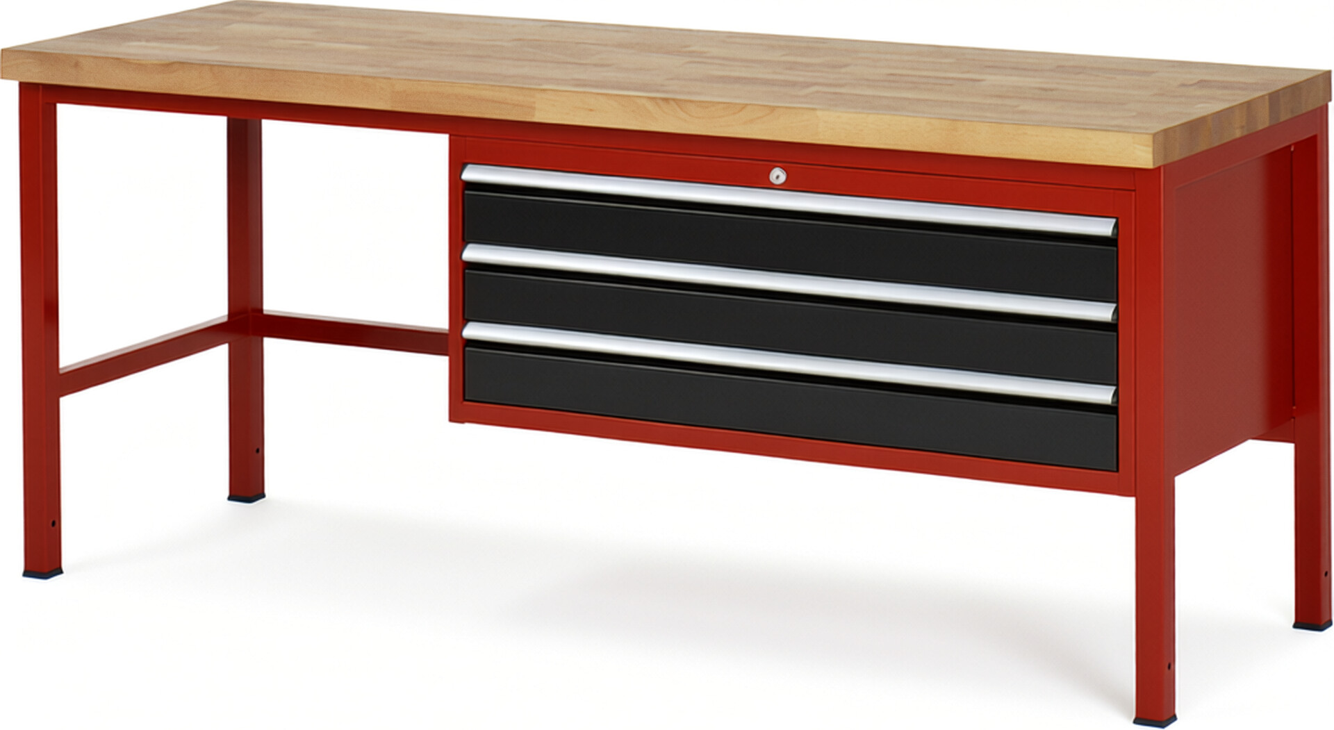 Werkbank Modell 8327 rot - schwarz, BxTxH 2000x700x840 mm,  Buche-Massiv Arbeitsplatte 40 mm,  3 Schubladen mit  Vollauszug 100 % und  SoftClosing