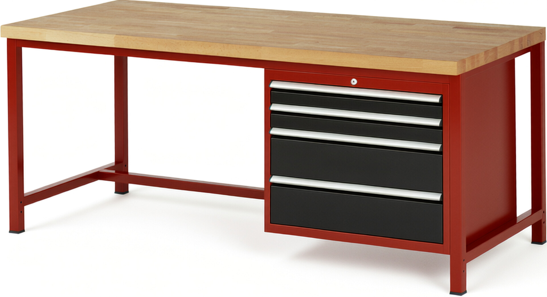 Werkbank Modell 8261 rot - schwarz, BxTxH 2000x900x840-1040 mm,  Buche-Massiv Arbeitsplatte 40 mm,  4 Schubladen mit  Auszug 90 %