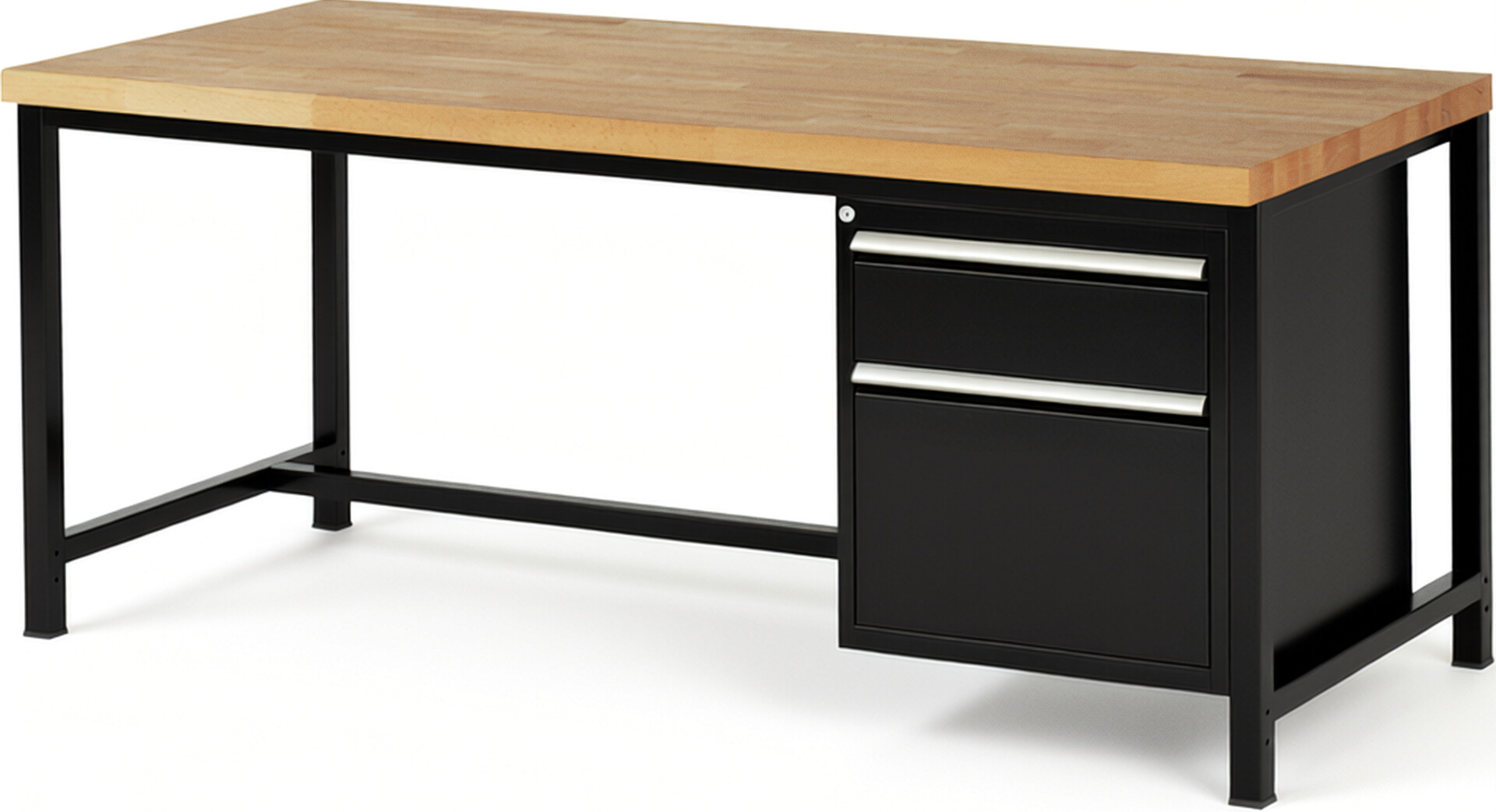 Werkbank Modell 8156 schwarz, BxTxH 2000x900x840 mm,  Buche-Massiv Arbeitsplatte 40 mm,  2 Schubladen mit  Vollauszug 100 % und  SoftClosing