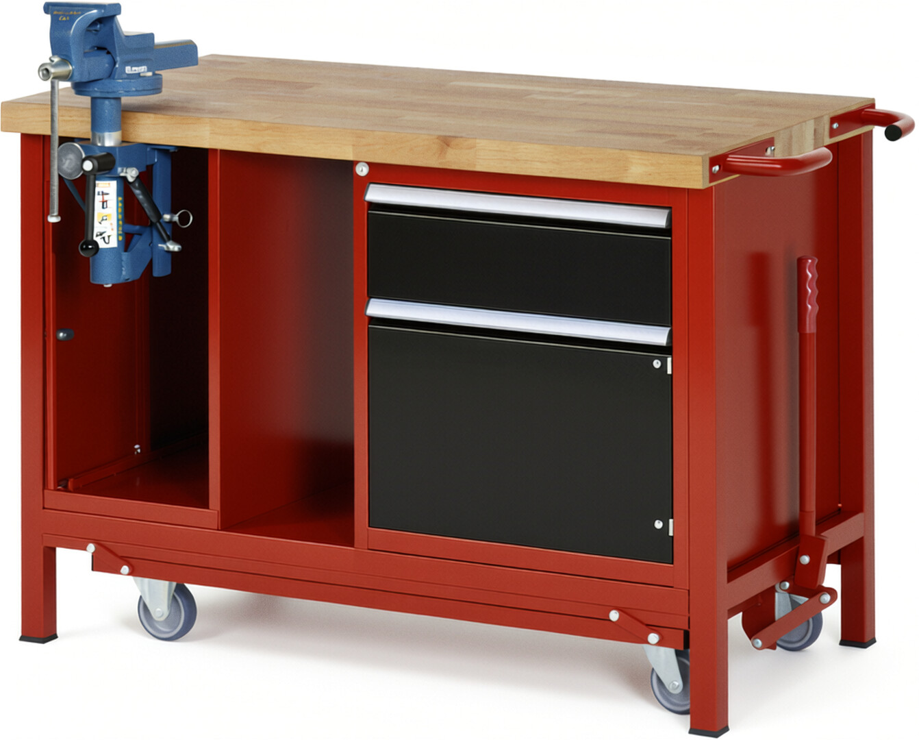 Absenkbare Werkbank Modell 8181 rot - schwarz, BxTxH 1250x700x880 mm,  Buche-Massiv Arbeitsplatte 40 mm,  1 Schublade mit  Auszug 90 %