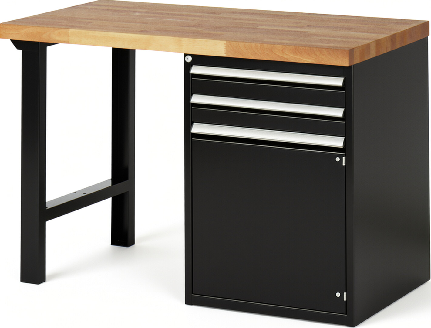 Werkbank Modell 7503 schwarz, BxTxH 1250x700x890 mm,  Buche-Massiv Arbeitsplatte 40 mm,  2 Schubladen mit  Auszug 90 %