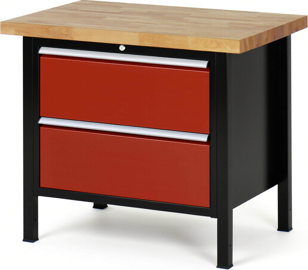 RAU Werkbank schwarz - rot - Breite 100 cm - Tiefe 70 cm - Höhe 104 cm - Buche-Massiv Arbeitsplatte 40 mm