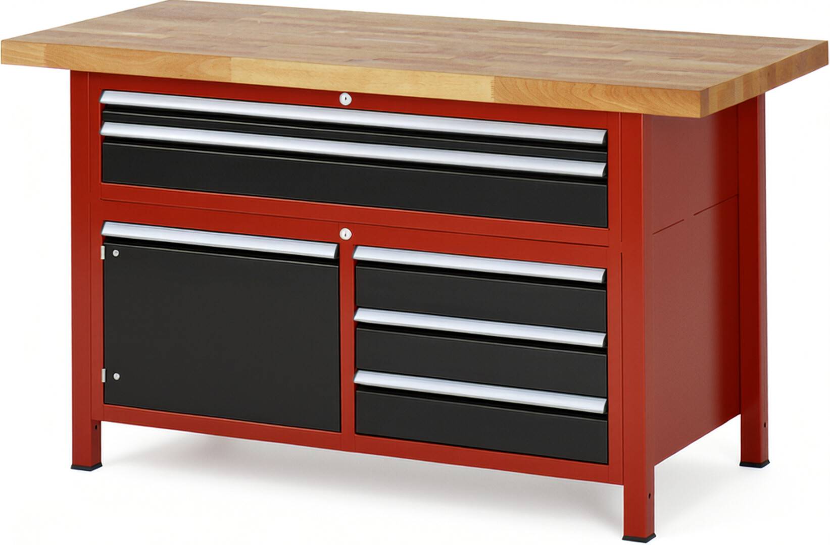 Werkbank Modell 8922 rot - schwarz, BxTxH 1500x700x840-1040 mm,  Buche-Massiv Arbeitsplatte 40 mm,  5 Schubladen mit  Auszug 90 %
