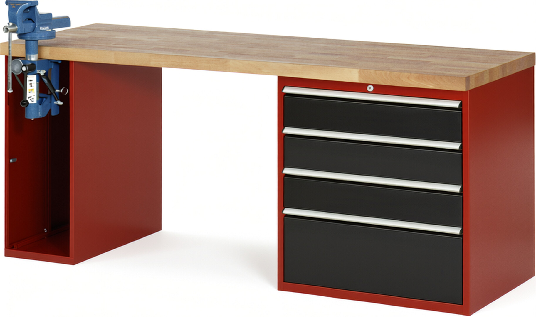 Werkbank Modell 7610 rot - schwarz, BxTxH 2000x700x890 mm,  Buche-Massiv Arbeitsplatte 40 mm,  4 Schubladen mit  Auszug 90 %