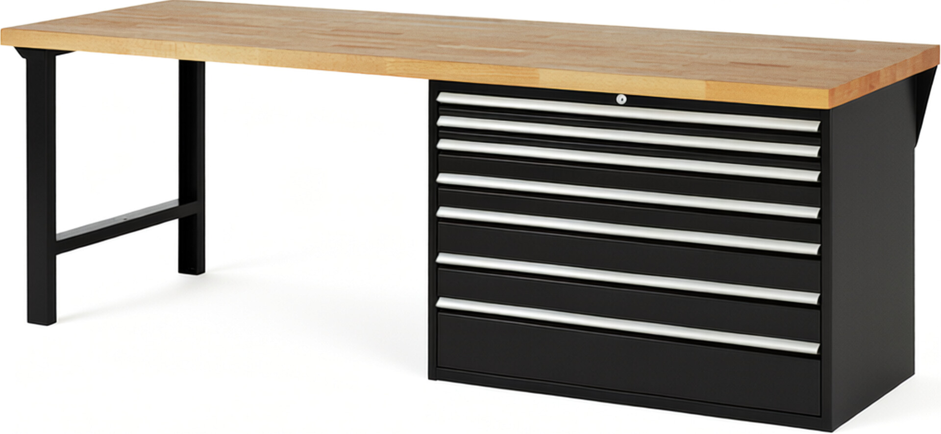 Werkbank Modell 7717 schwarz, BxTxH 2500x900x890 mm,  Buche-Massiv Arbeitsplatte 40 mm,  7 Schubladen mit  Vollauszug 100 % und  SoftClosing