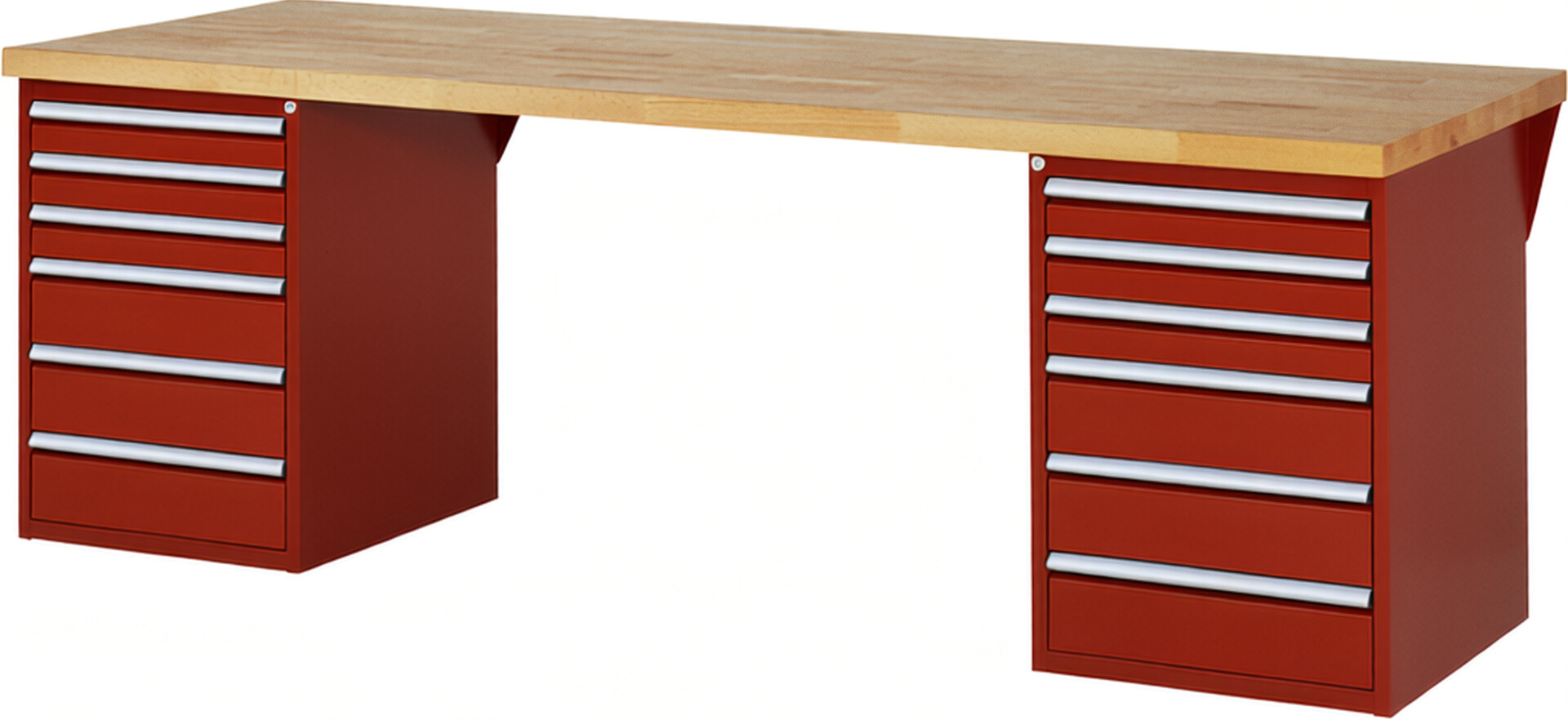 Werkbank Modell 7515 rot, BxTxH 2500x900x890 mm,  Buche-Massiv Arbeitsplatte 40 mm,  12 Schubladen mit  Auszug 90 %