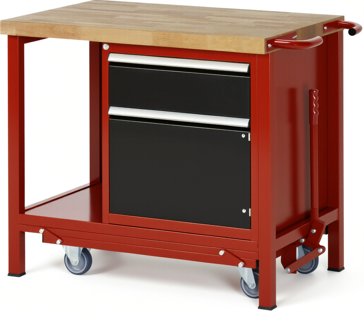 Absenkbare Werkbank Modell 8152 rot - schwarz, BxTxH 1000x700x880 mm,  Buche-Massiv Arbeitsplatte 40 mm,  1 Schublade mit  Vollauszug 100 % und  SoftClosing