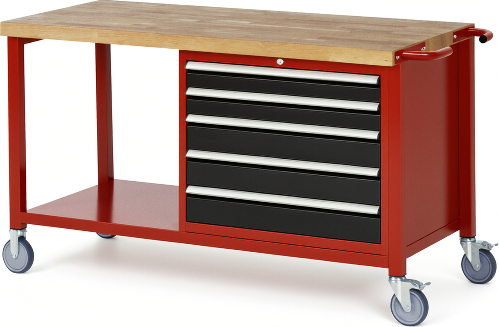 Fahrbare Werkbank Modell 8271 rot - schwarz, BxTxH 1500x700x880-1080 mm,  Buche-Massiv Arbeitsplatte 40 mm,  5 Schubladen mit  Auszug 90 %