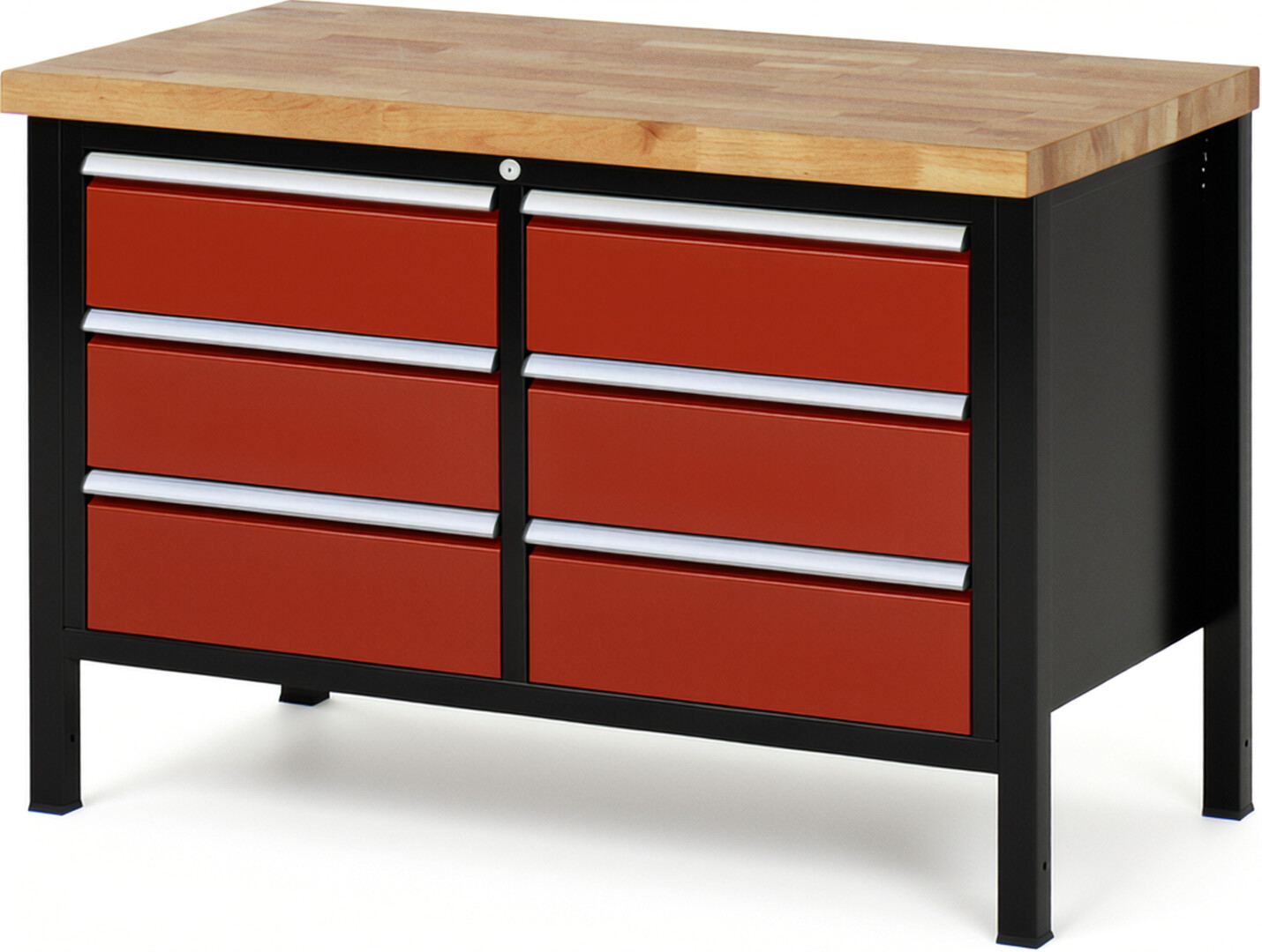 RAU Werkbank schwarz - rot - Breite 125 cm - Tiefe 70 cm - Höhe 104 cm - Buche-Massiv Arbeitsplatte 40 mm
