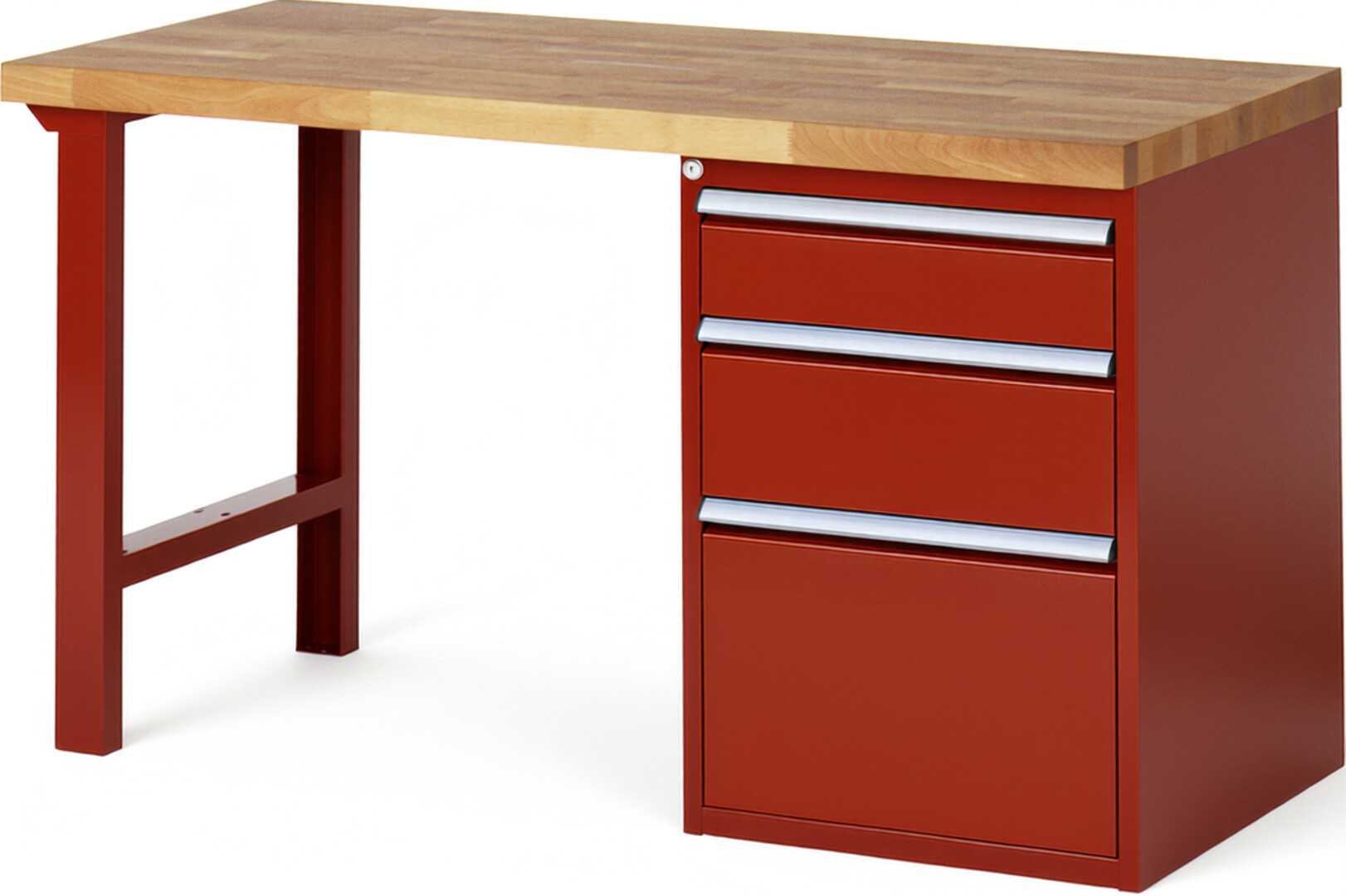 Werkbank Modell 7508 rot, BxTxH 1500x700x890 mm,  Buche-Massiv Arbeitsplatte 40 mm,  3 Schubladen mit  Vollauszug 100 % und  SoftClosing