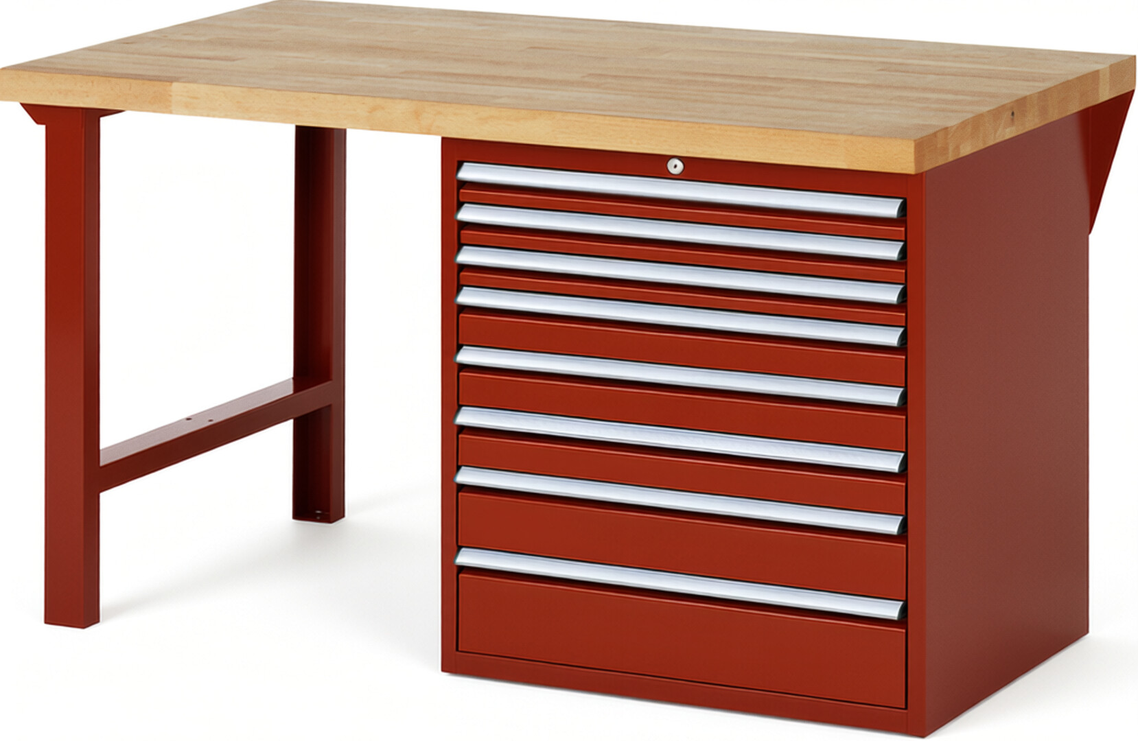 Werkbank Modell 7619 rot, BxTxH 1500x900x890 mm,  Buche-Massiv Arbeitsplatte 40 mm,  8 Schubladen mit  Vollauszug 100 % und  SoftClosing