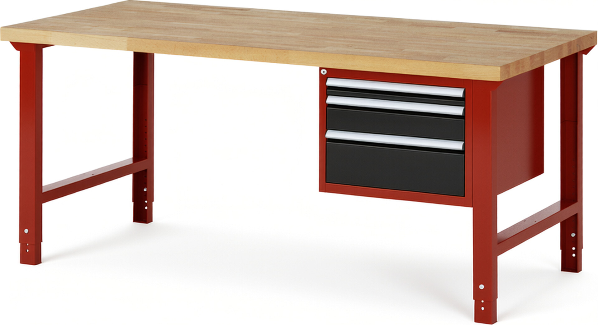 Werkbank Modell 7126 rot - schwarz, BxTxH 2000x900x790-1140 mm,  Buche-Massiv Arbeitsplatte 40 mm,  3 Schubladen mit  Auszug 90 %