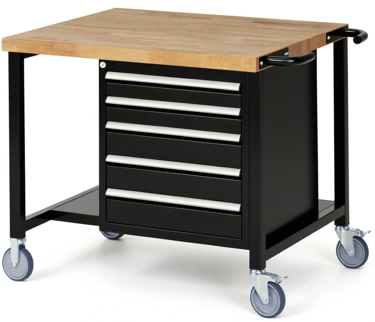 Fahrbare Werkbank Modell 8171 schwarz, BxTxH 1000x900x880 mm,  Buche-Massiv Arbeitsplatte 40 mm,  5 Schubladen mit  Vollauszug 100 % und  SoftClosing