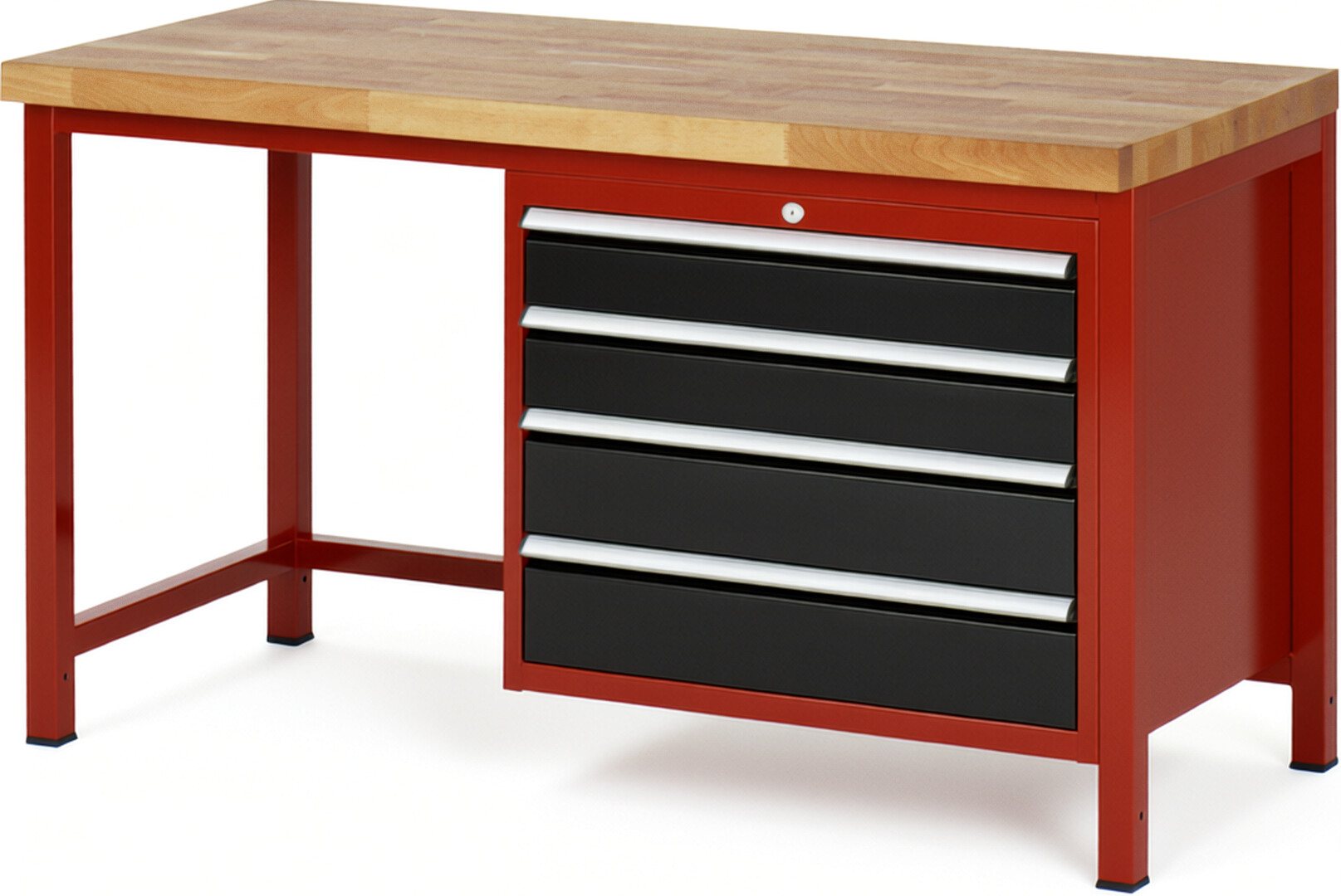 Werkbank Modell 8262 rot - schwarz, BxTxH 1500x700x840 mm,  Buche-Massiv Arbeitsplatte 40 mm,  4 Schubladen mit  Auszug 90 %