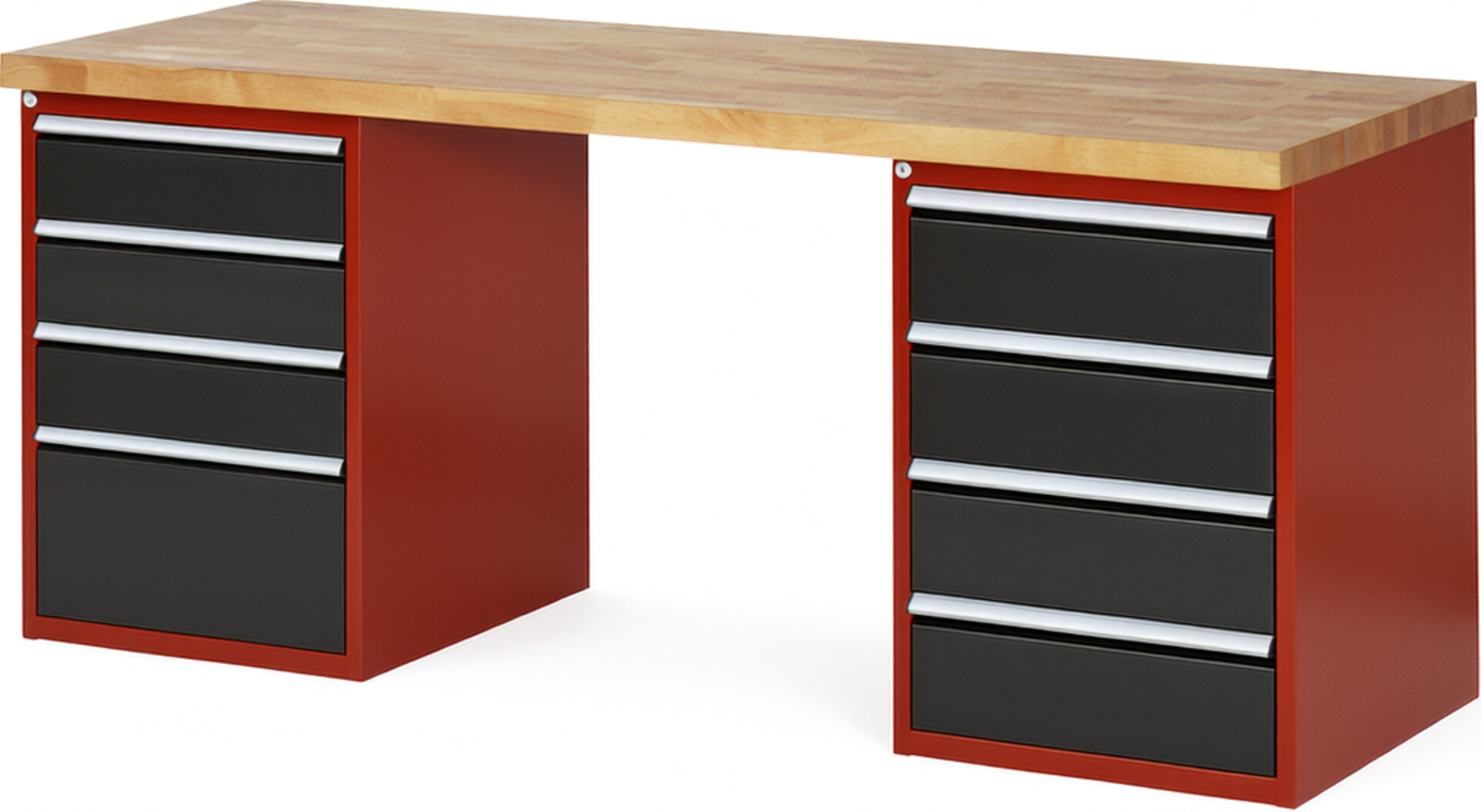 Werkbank Modell 7820 rot - schwarz, BxTxH 2000x700x890 mm,  Buche-Massiv Arbeitsplatte 40 mm,  8 Schubladen mit  Auszug 90 %