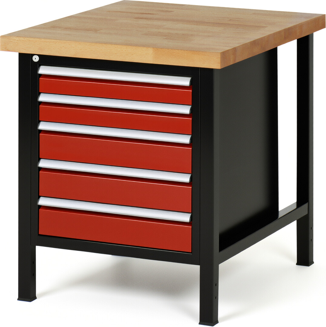 RAU Werkbank schwarz - rot - Breite 75 cm - Tiefe 90 cm - Höhe 104 cm - Buche-Massiv Arbeitsplatte 40 mm