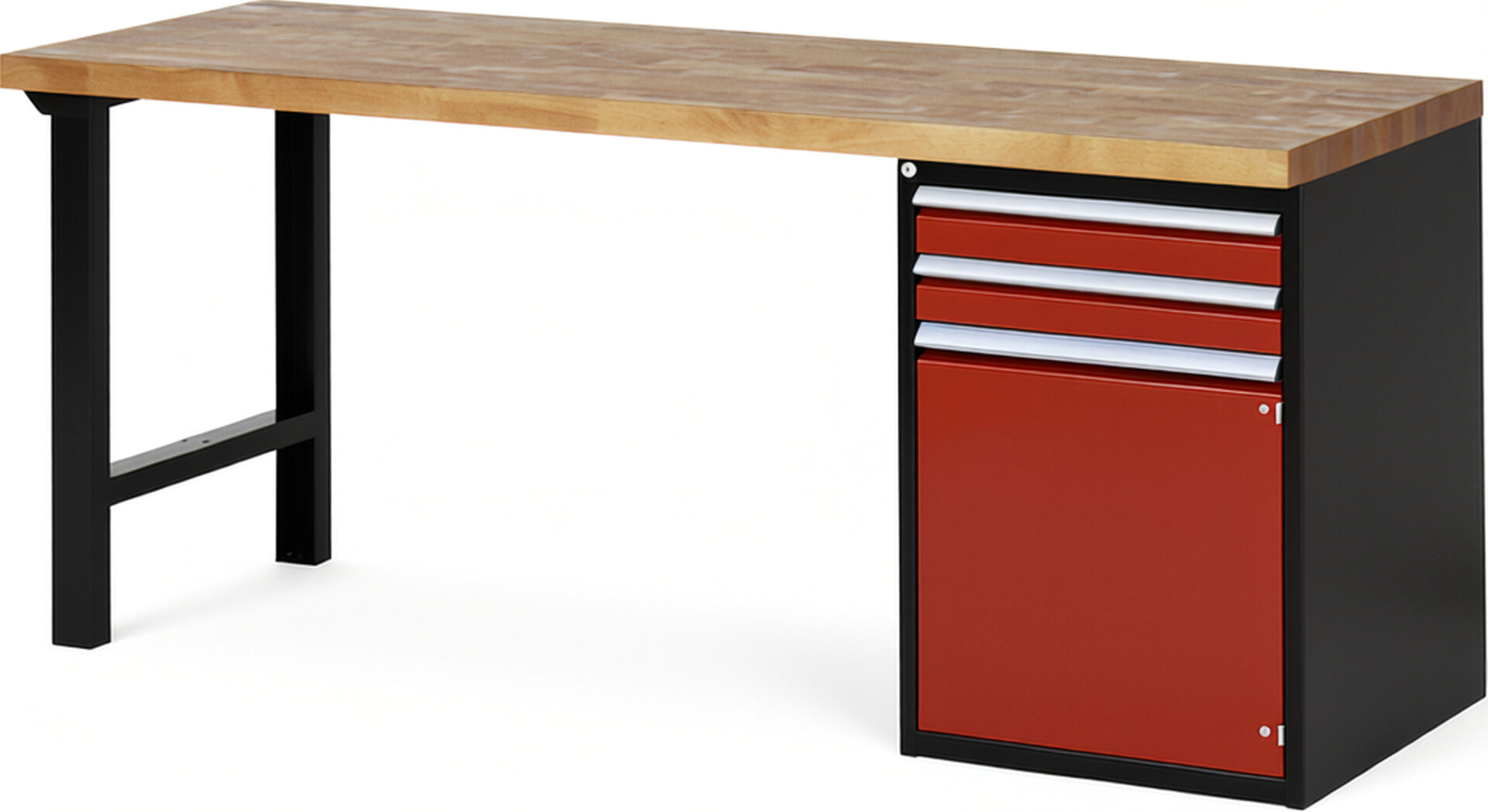 RAU Werkbank schwarz - rot - Breite 200 cm - Tiefe 70 cm - Höhe 89 cm - Buche-Massiv Arbeitsplatte 40 mm