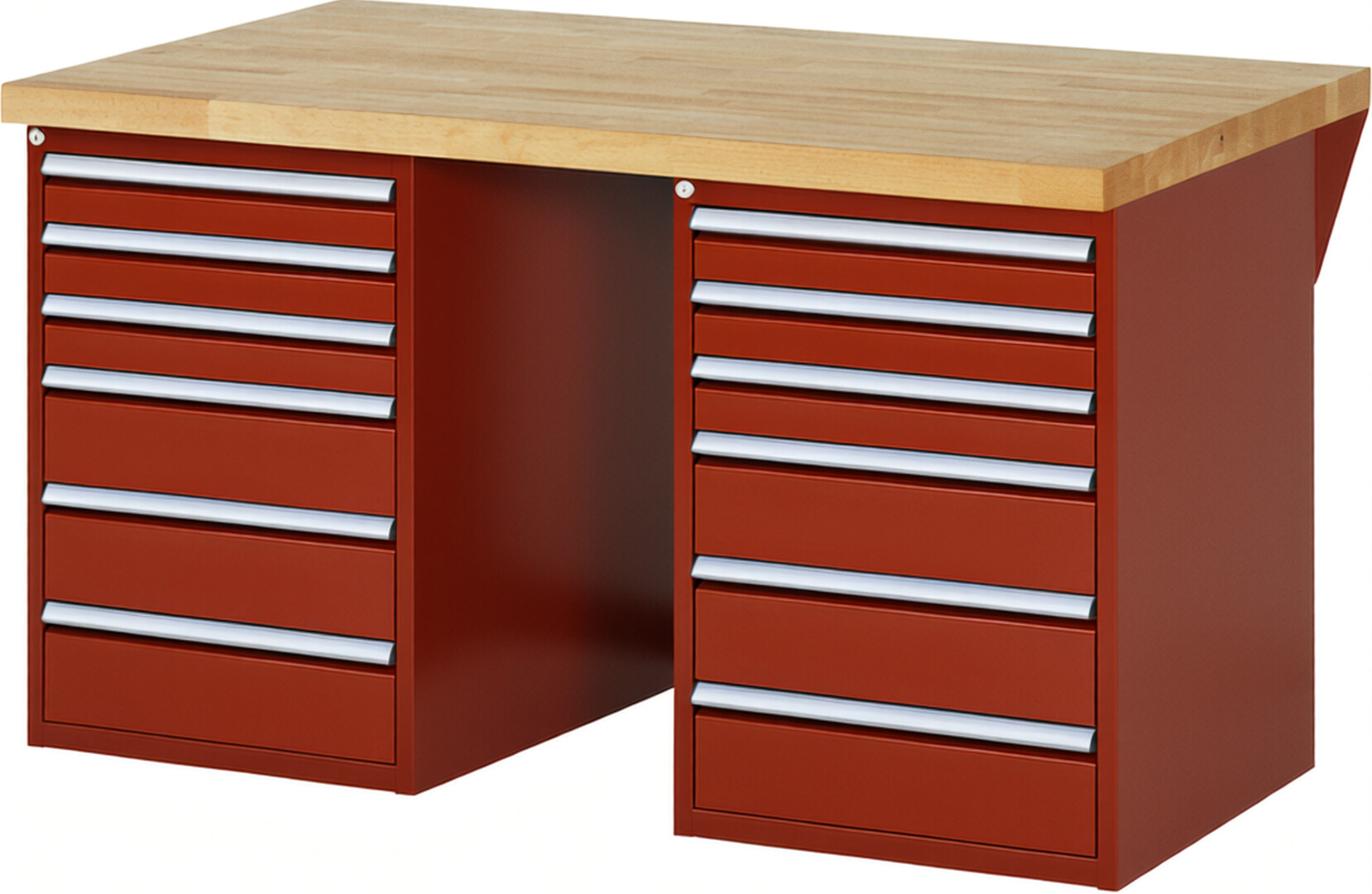 Werkbank Modell 7515 rot, BxTxH 1500x900x890 mm,  Buche-Massiv Arbeitsplatte 40 mm,  12 Schubladen mit  Auszug 90 %