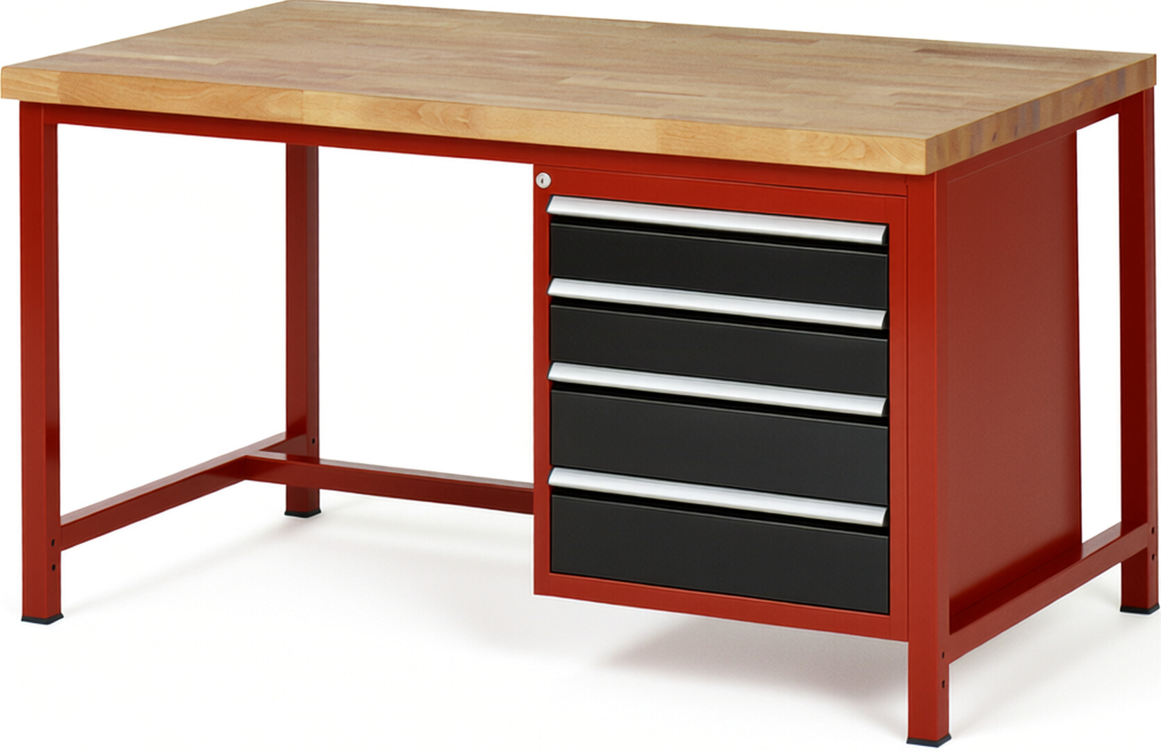 Werkbank Modell 8162 rot - schwarz, BxTxH 1500x900x840-1040 mm,  Buche-Massiv Arbeitsplatte 40 mm,  4 Schubladen mit  Auszug 90 %