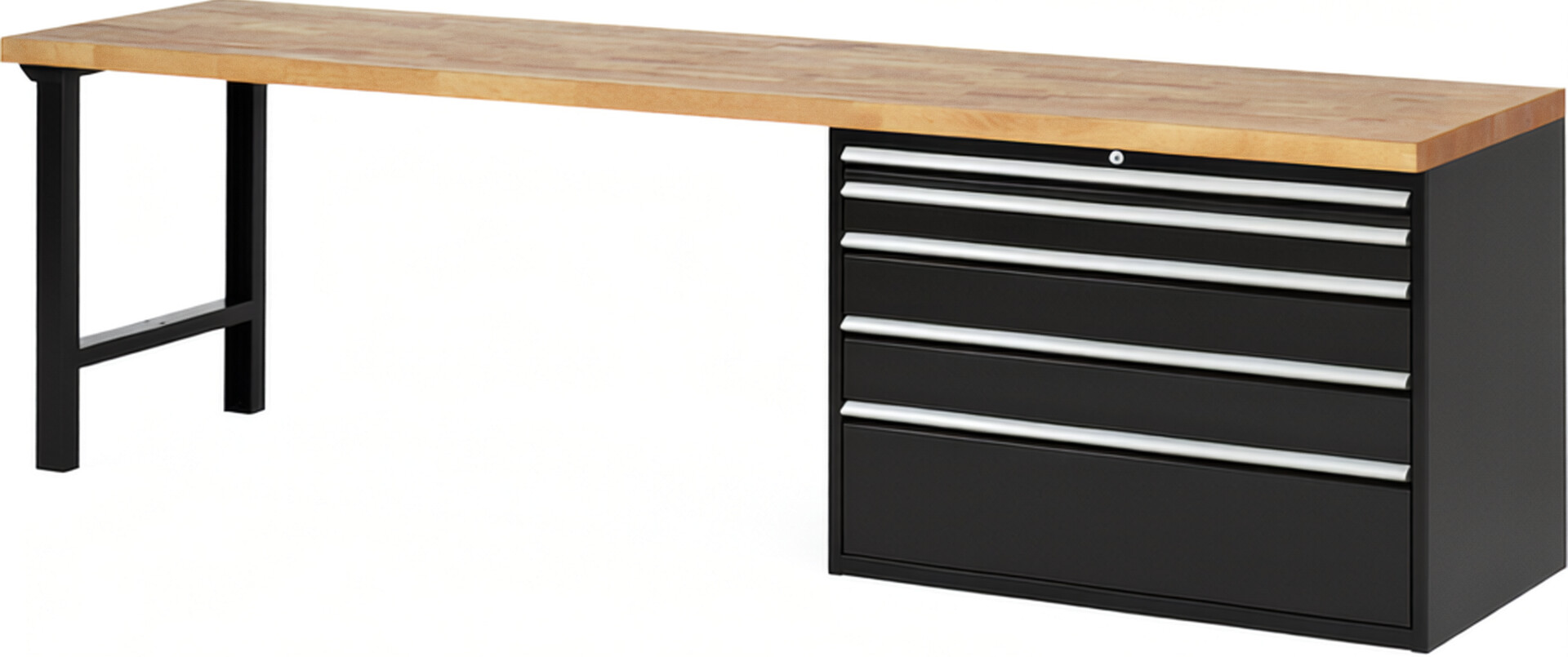Werkbank Modell 7711 schwarz, BxTxH 3000x700x890 mm,  Buche-Massiv Arbeitsplatte 40 mm,  5 Schubladen mit  Vollauszug 100 % und  SoftClosing